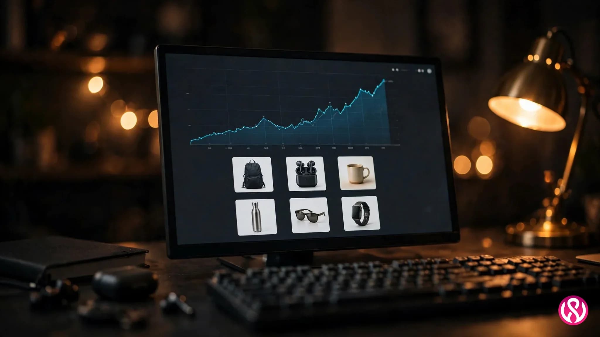 Monitor showing an ecommerce analytics dashboard with a rising revenue trend line and product thumbnails