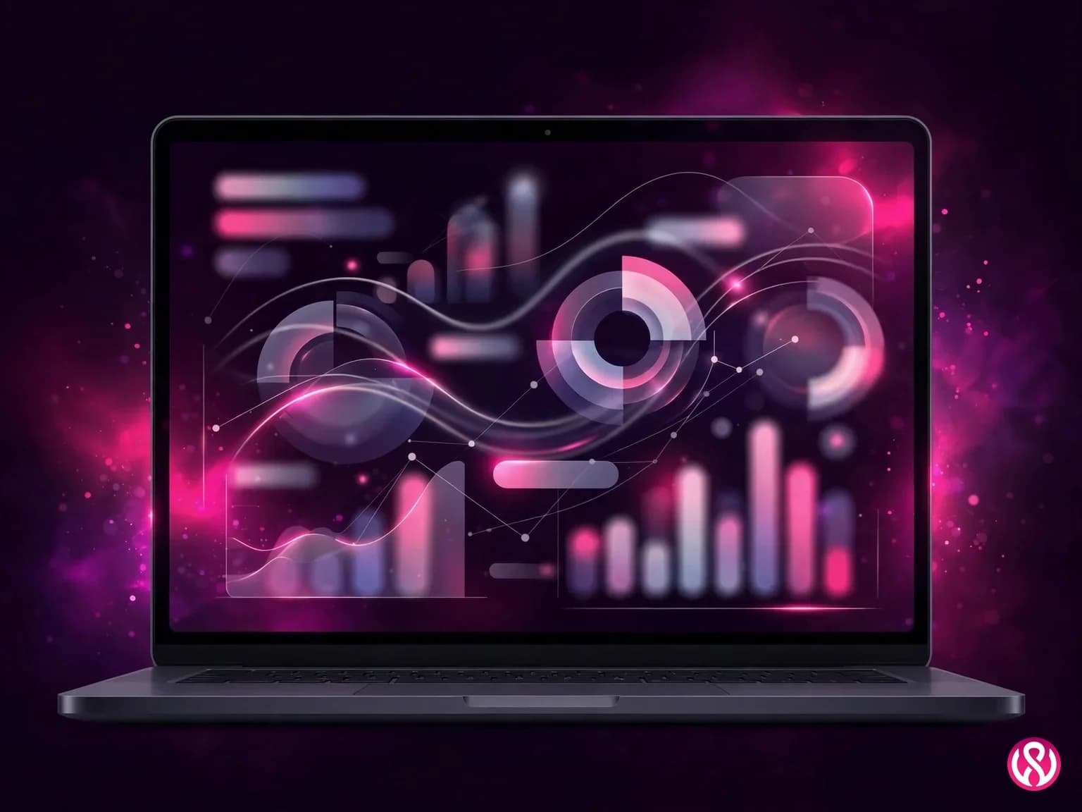 Fintech dashboard with abstract charts and graphs on a laptop, dark plum background with magenta accents