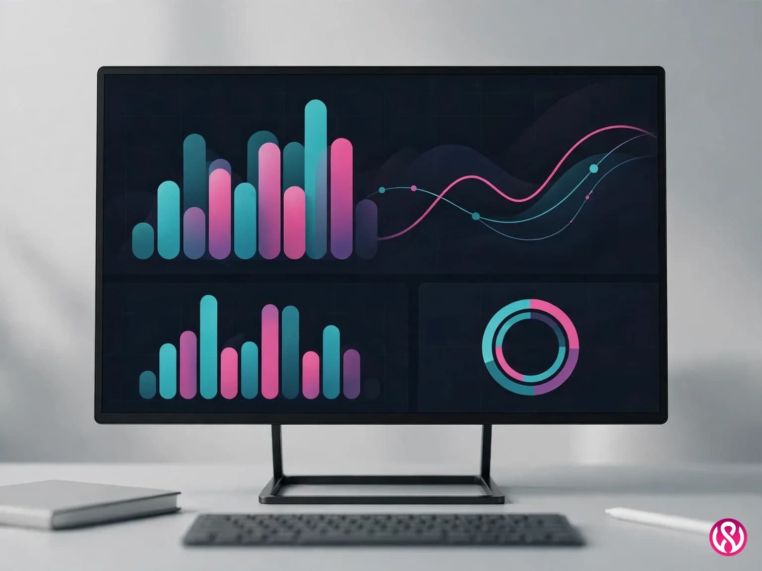 Financial analytics dashboard mockup on a desktop monitor with abstract bar charts and trend lines