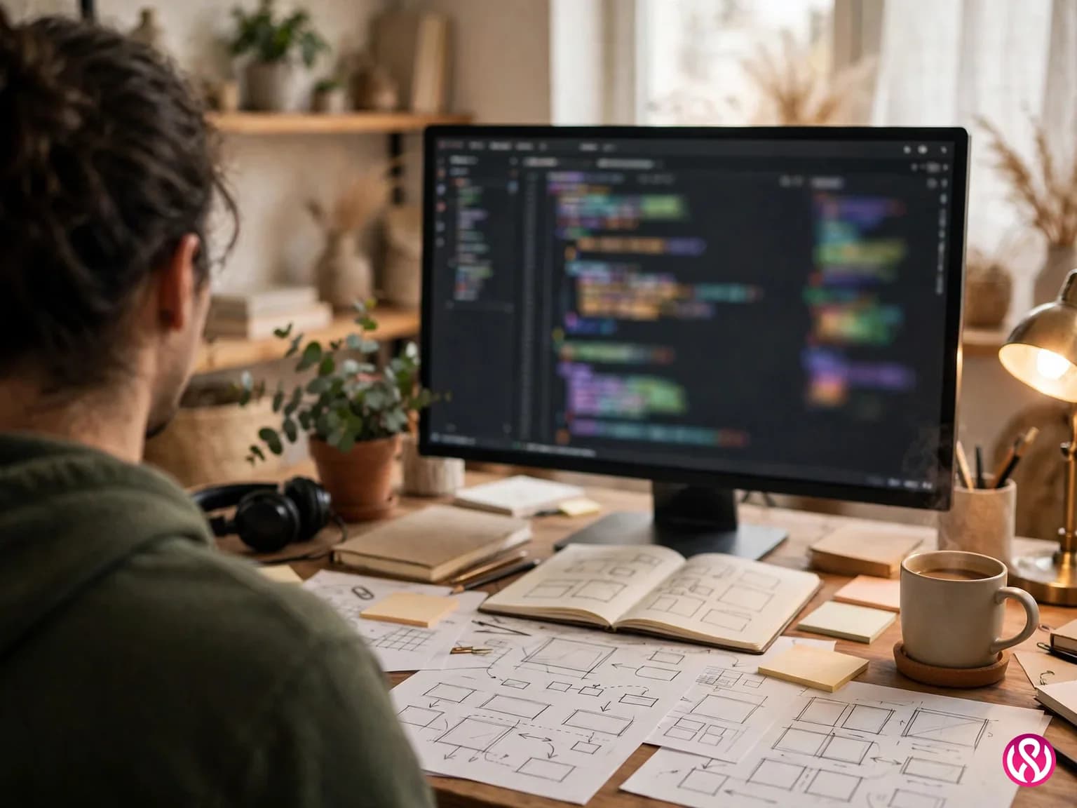 Developer planning a web application with code on screen and wireframe sketches on the desk