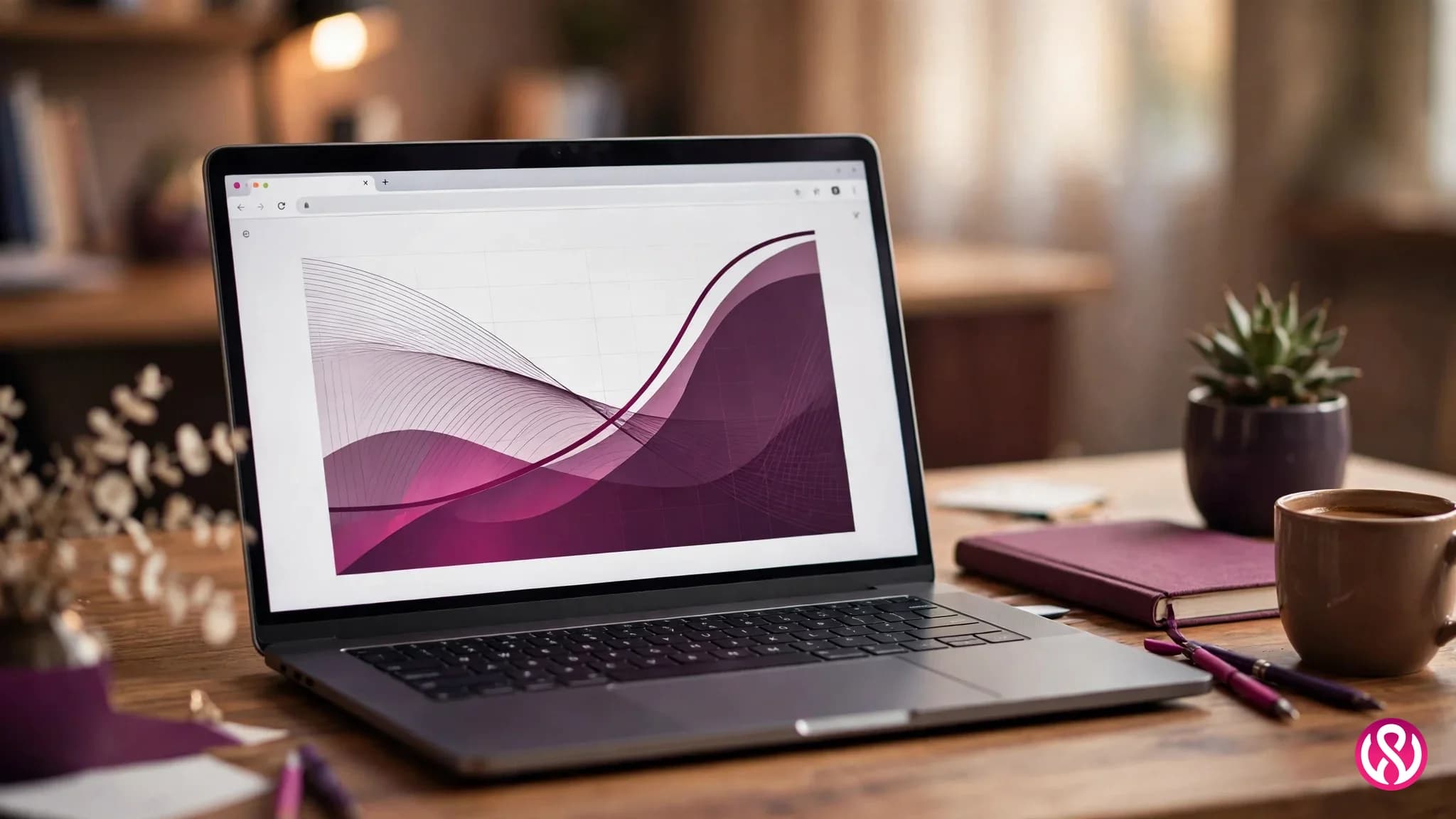 Laptop showing a rising analytics chart in a browser window on a desk