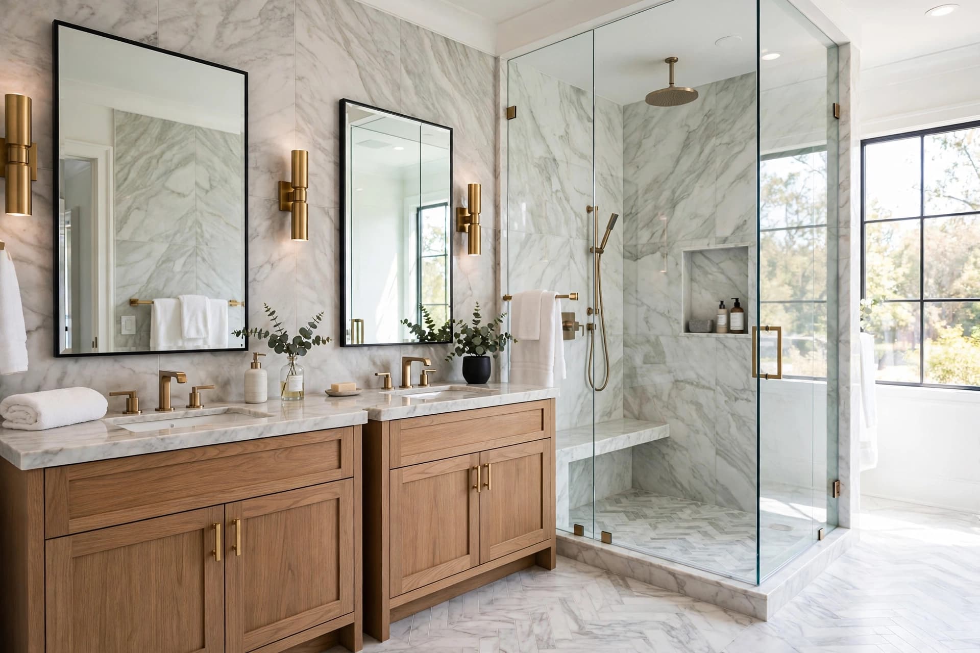 Completed luxury bathroom remodel with walk-in shower and modern fixtures