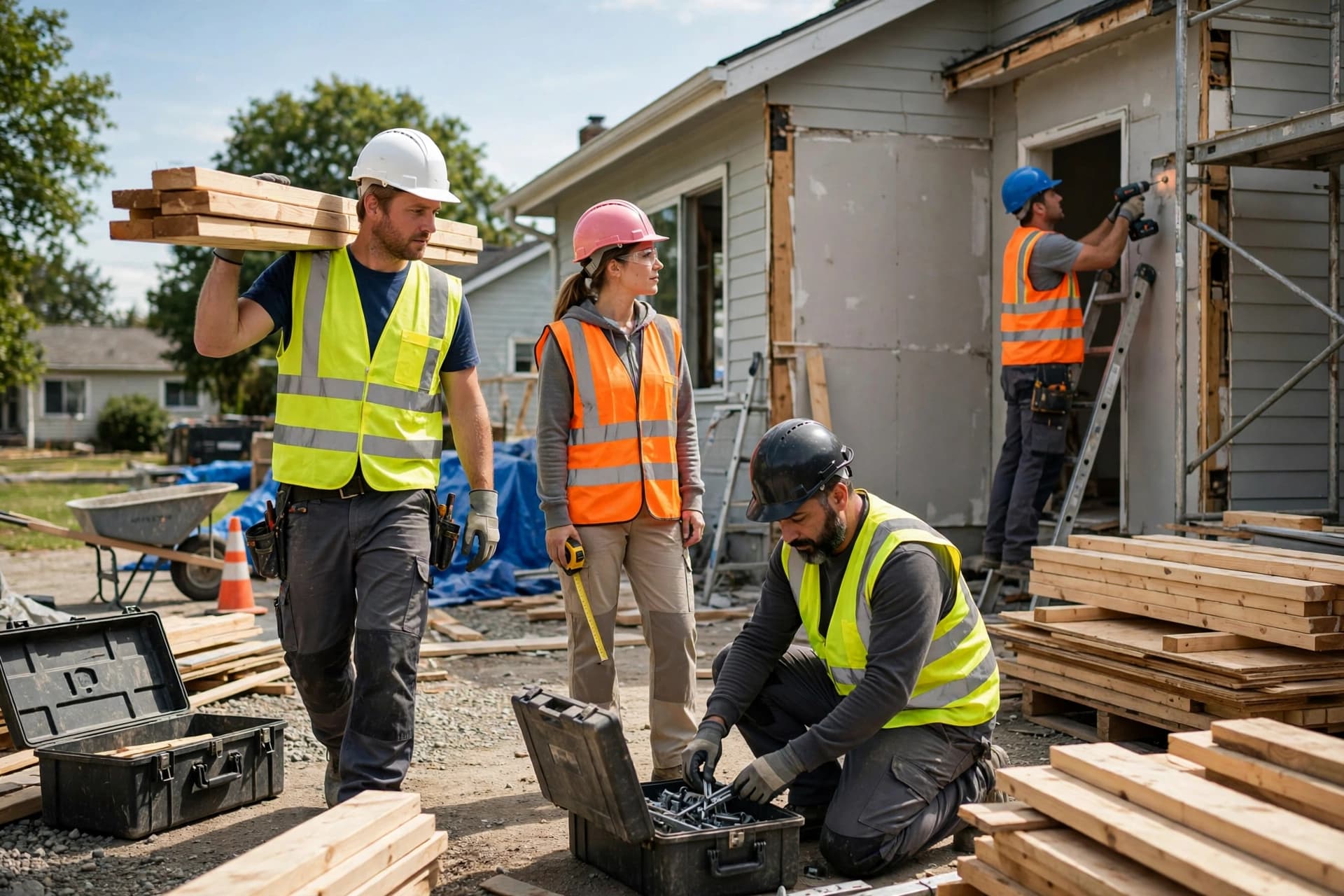 General contractor crew working on a residential construction site with proper safety gear