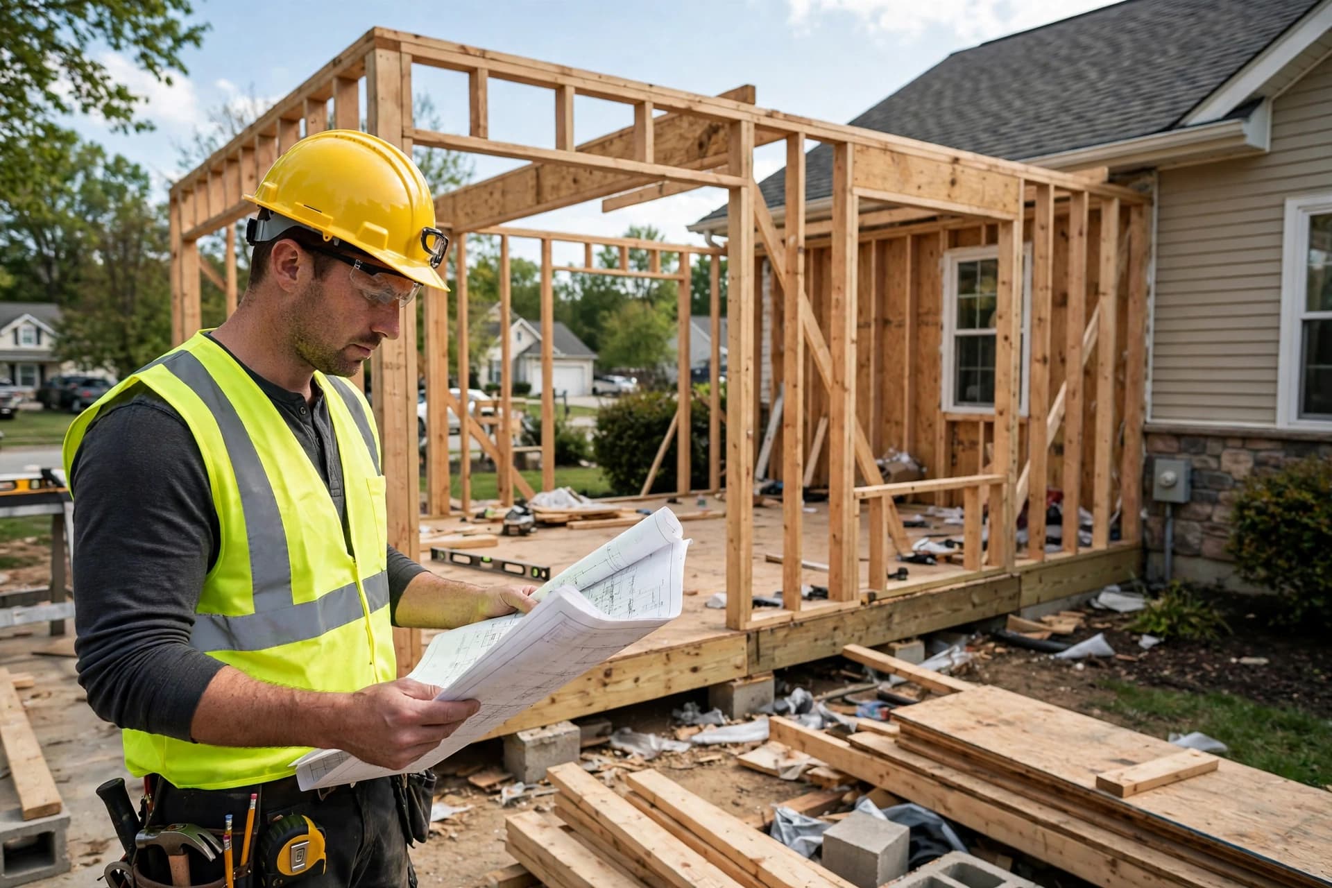 New home addition under construction with framing and a contractor reviewing plans