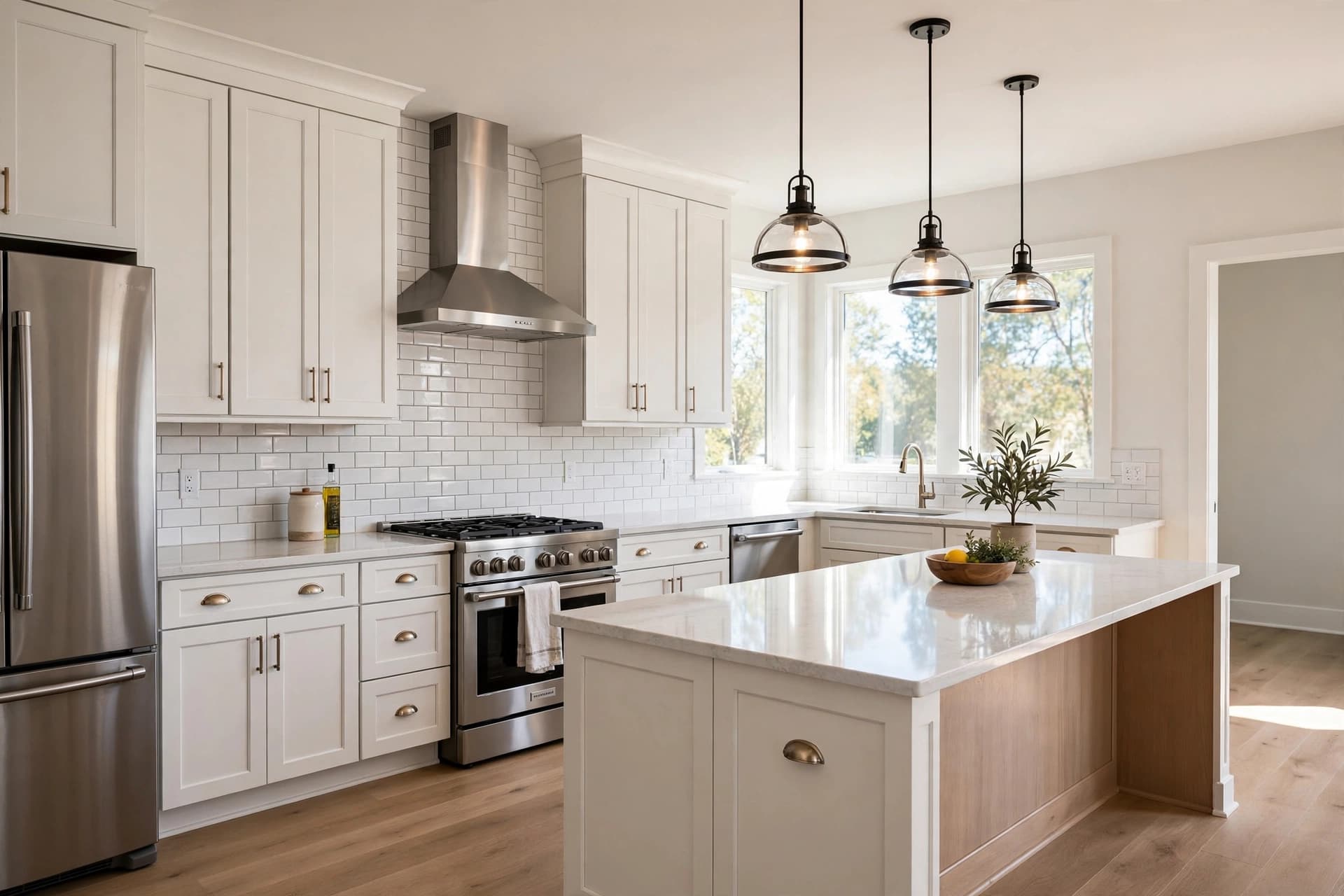 Before and after style view of a completed kitchen remodel with custom cabinets and stone countertops