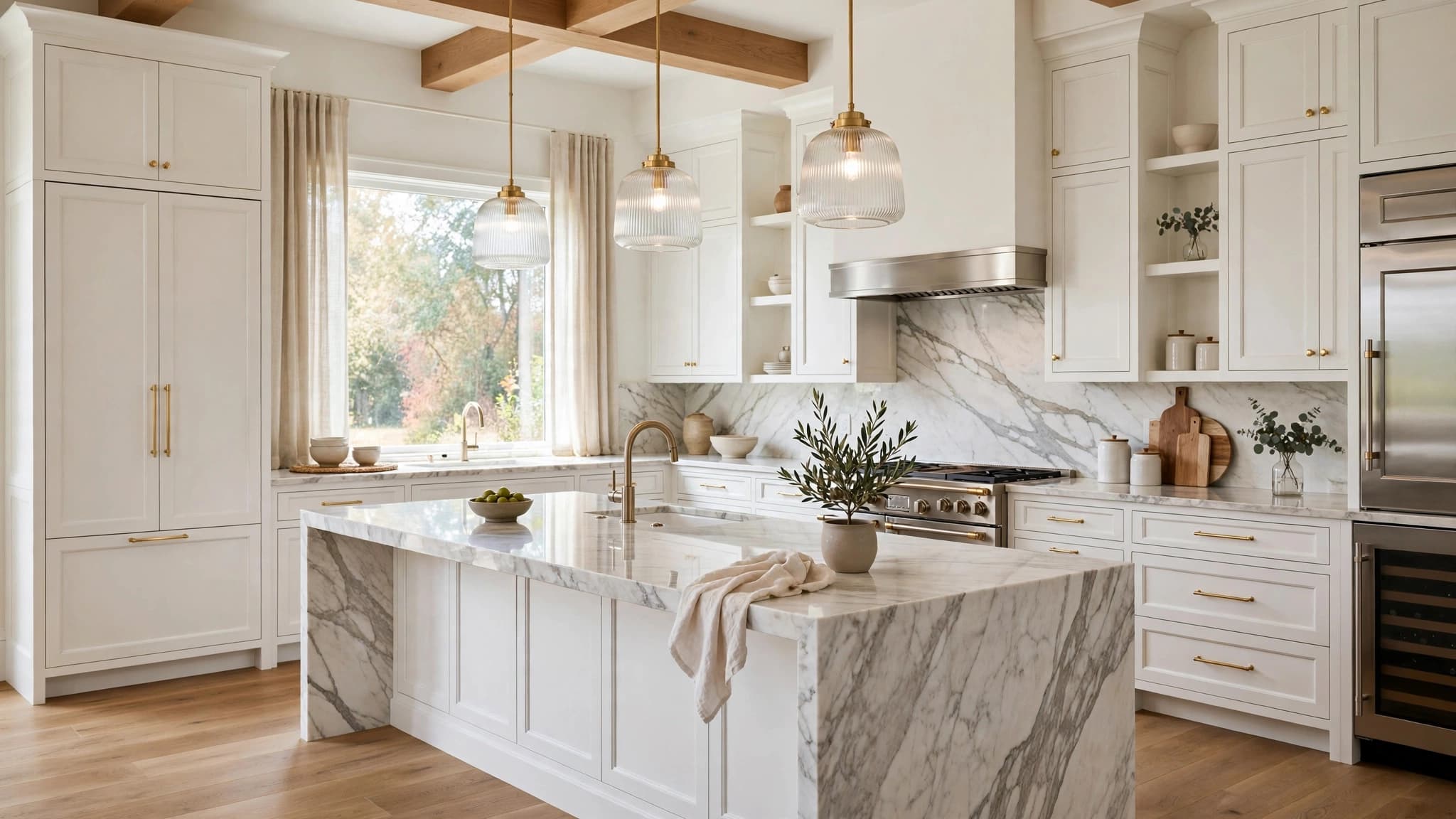 Completed luxury kitchen remodel with marble island and custom cabinetry, the kind of project a general contractor website should showcase