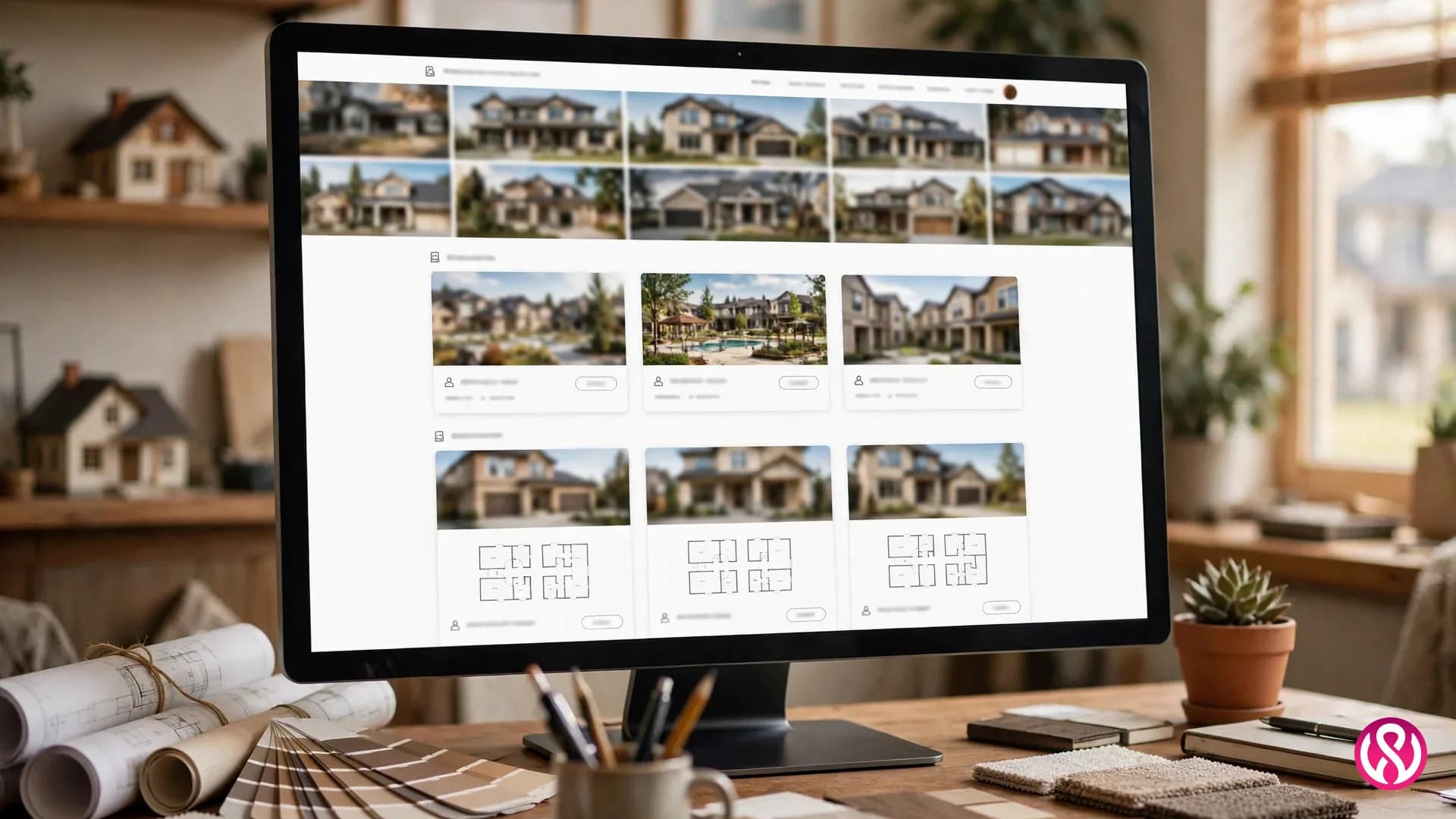 Home builders website design services: a builder website homepage with model home photos, community listings, and floor plan cards on a desktop screen