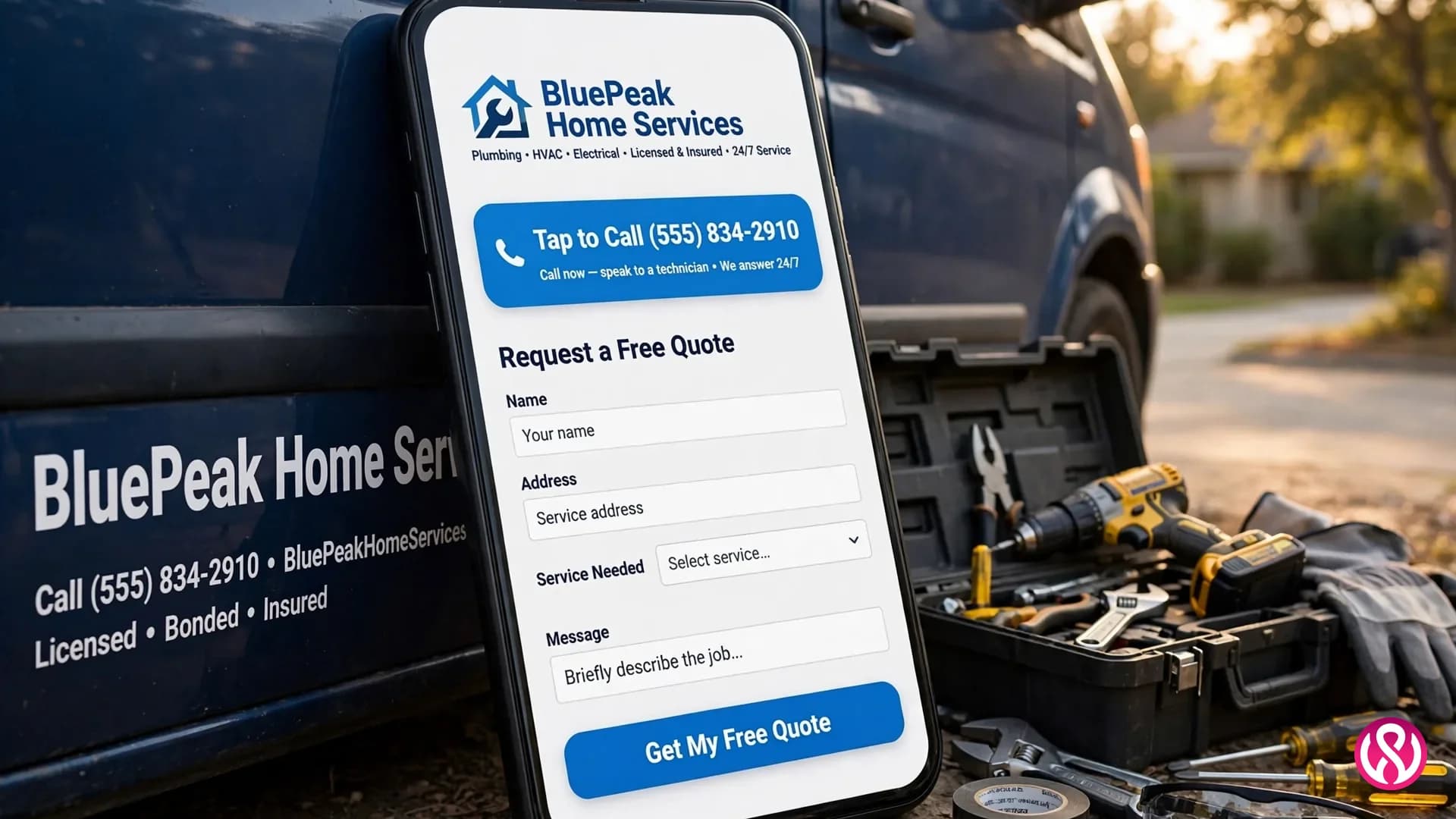 Home services website design: a phone showing a tap-to-call button and free quote form leaning against a service van with tools