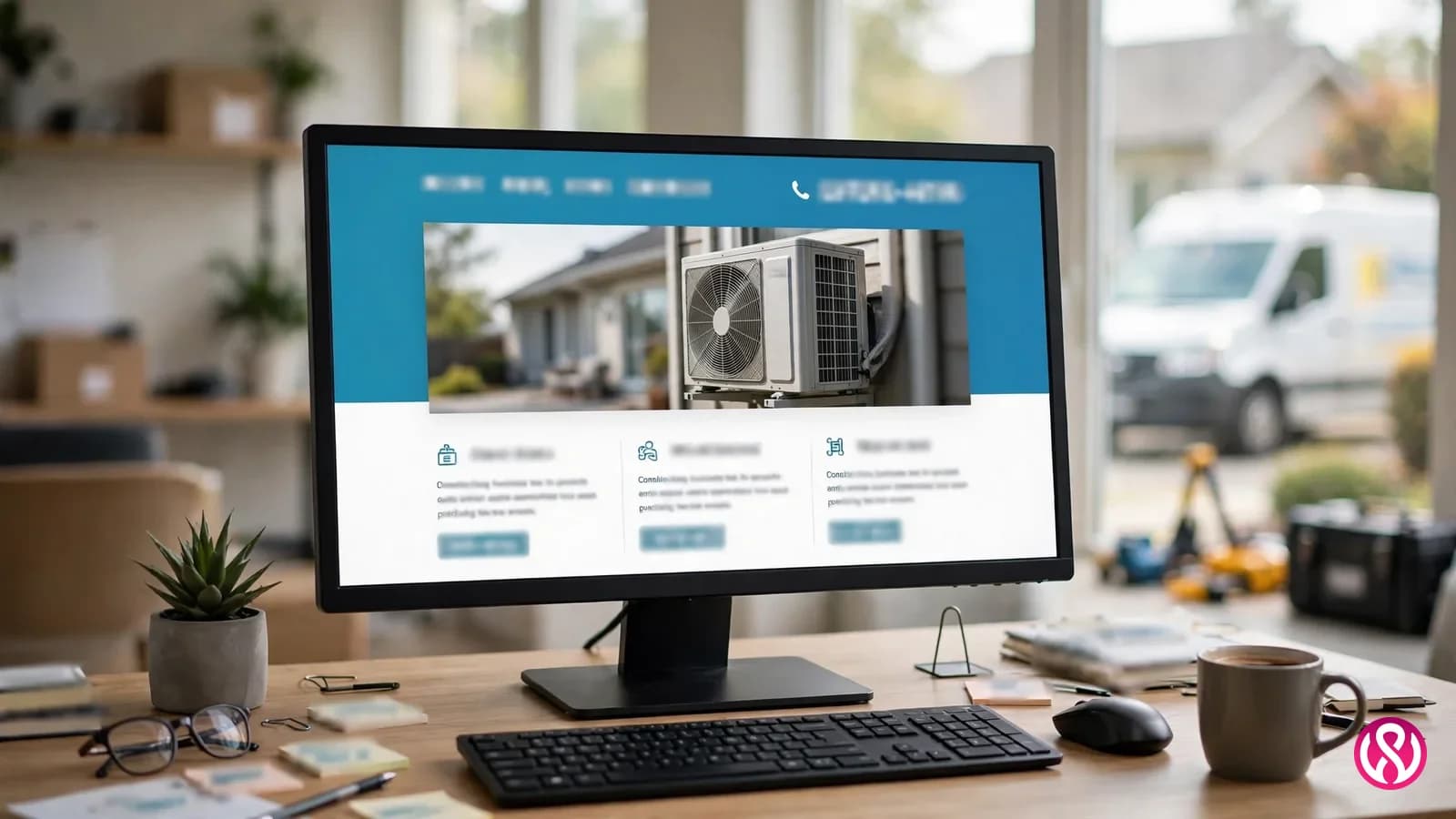 HVAC website design services: a contractor website homepage on a desktop screen showing heating and cooling service pages