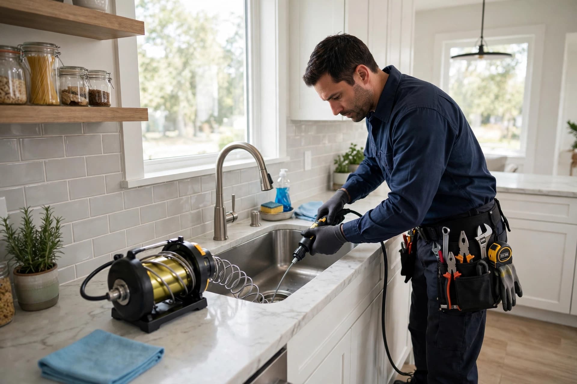 Plumber using professional drain cleaning equipment on a kitchen sink