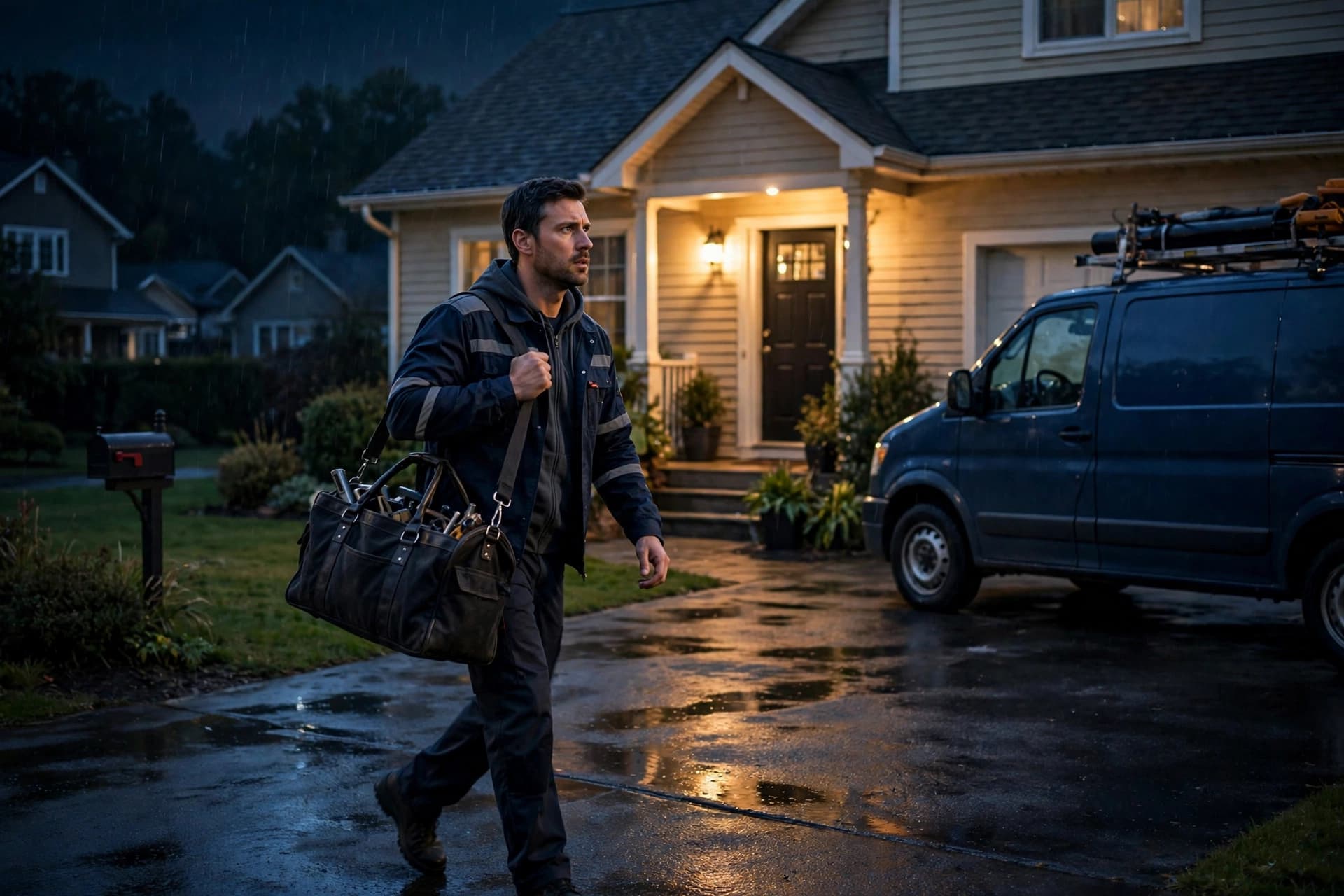 Plumber with tool bag arriving at a home at night for an emergency call