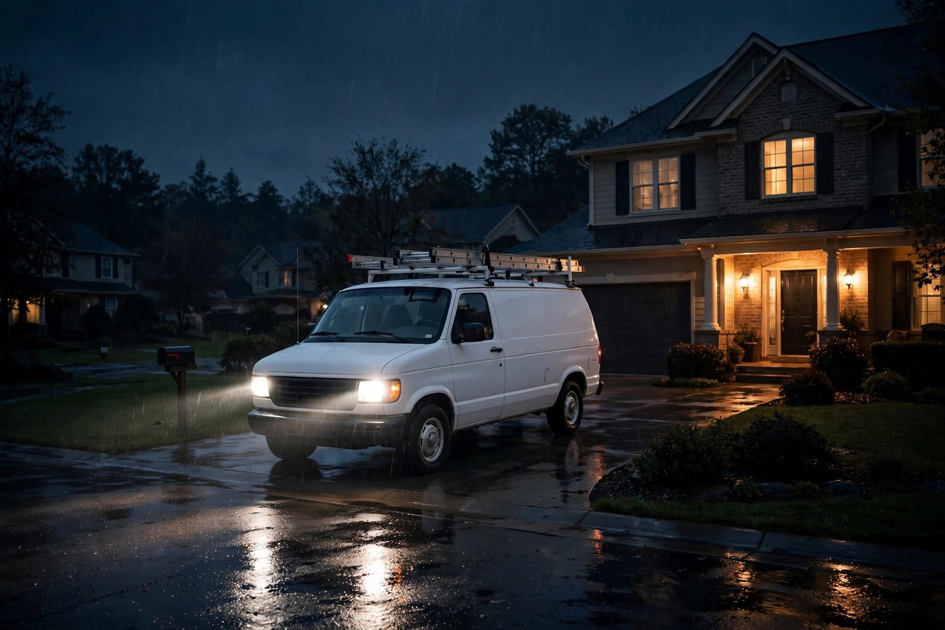 Plumber's van arriving for an emergency call at night with headlights on