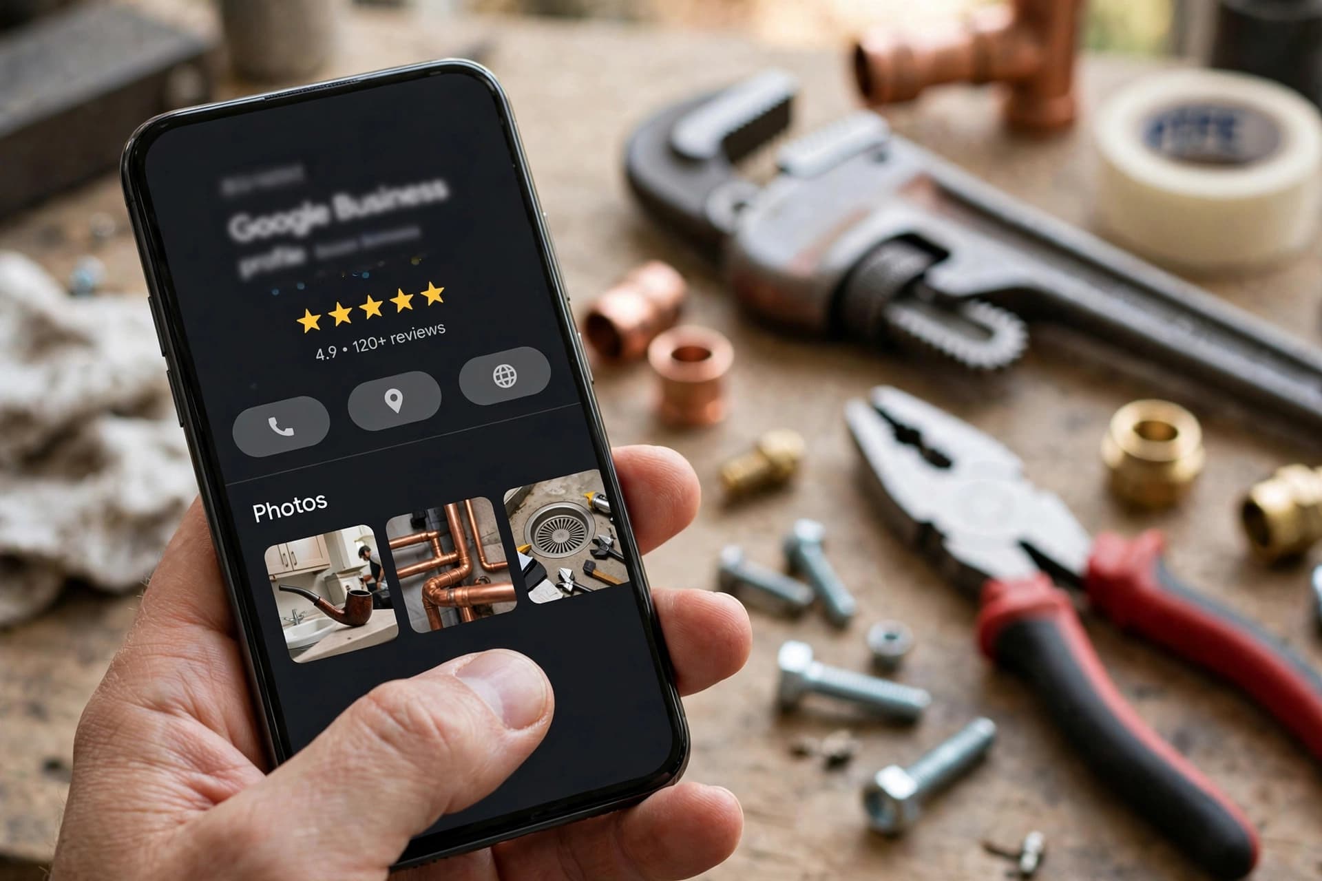 Smartphone showing a plumbing company's Google Business Profile with reviews in the map pack