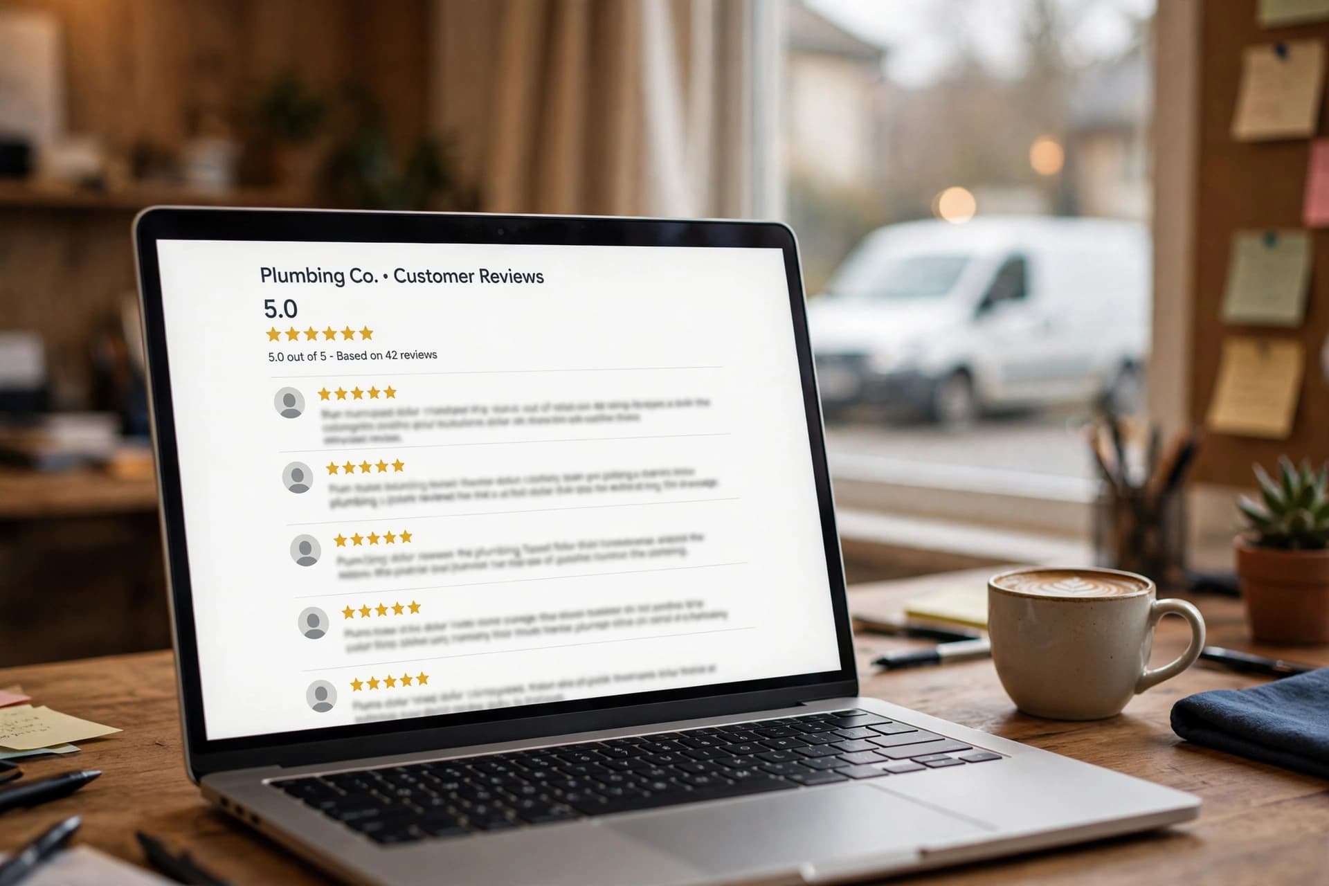 Five-star Google reviews for a plumbing company on a laptop screen