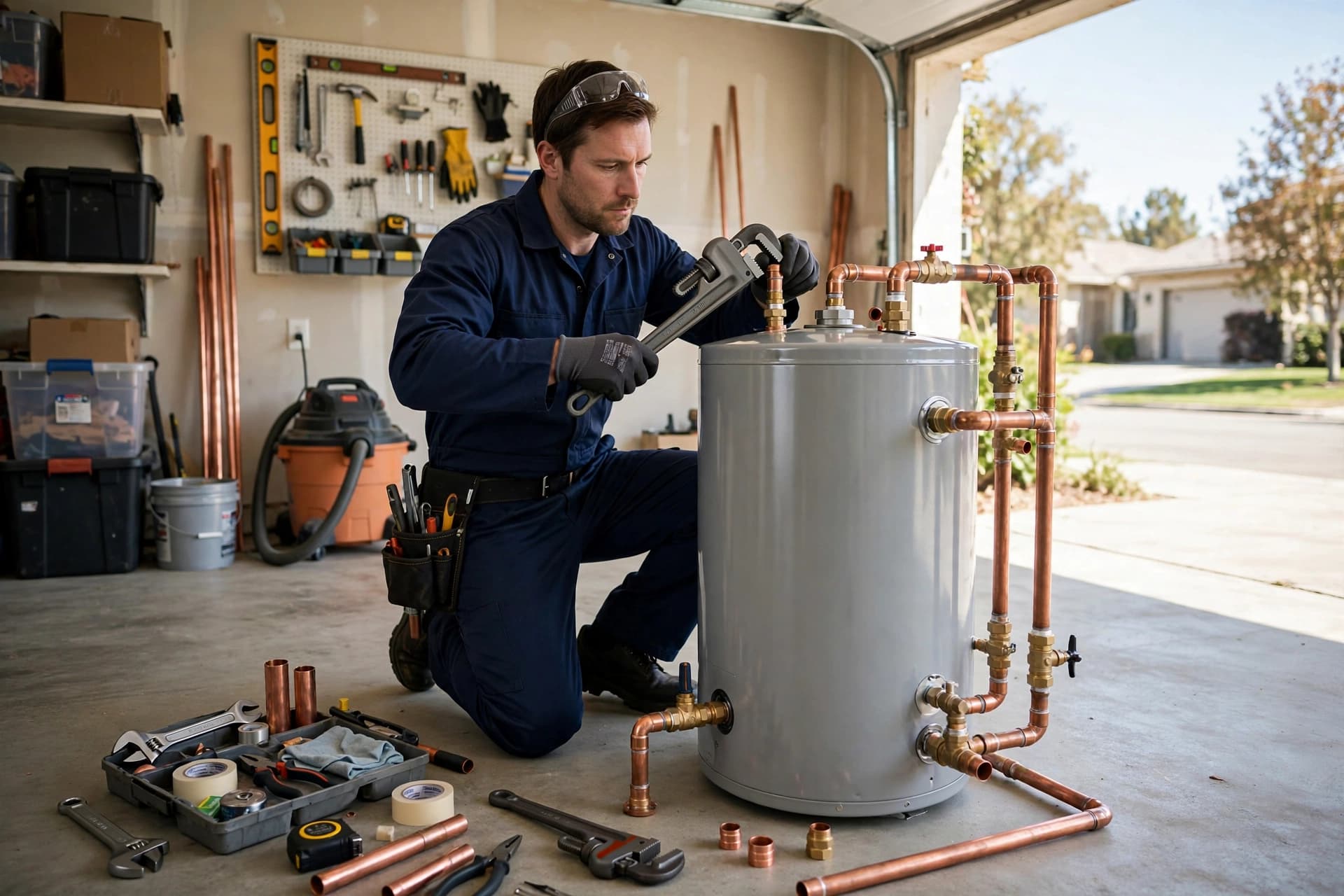 Plumber installing a new water heater in a residential garage