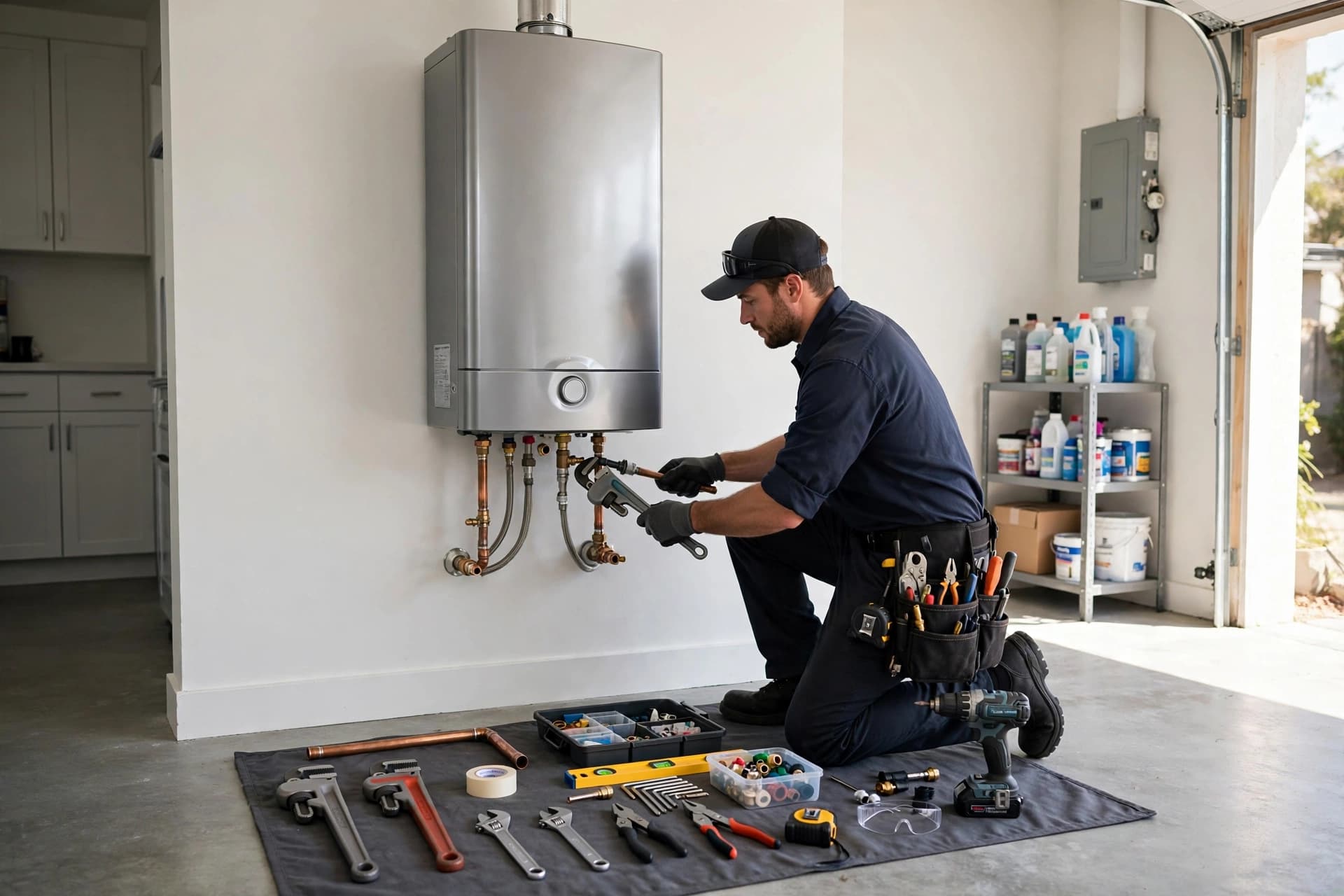 Plumber installing a modern tankless water heater in a home utility room
