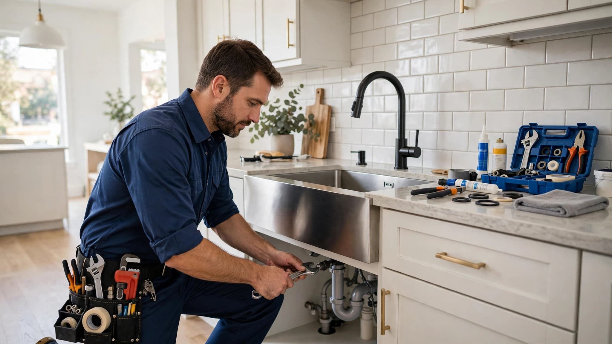 Professional plumber in uniform fixing a sink in a modern home kitchen with tools neatly arranged
