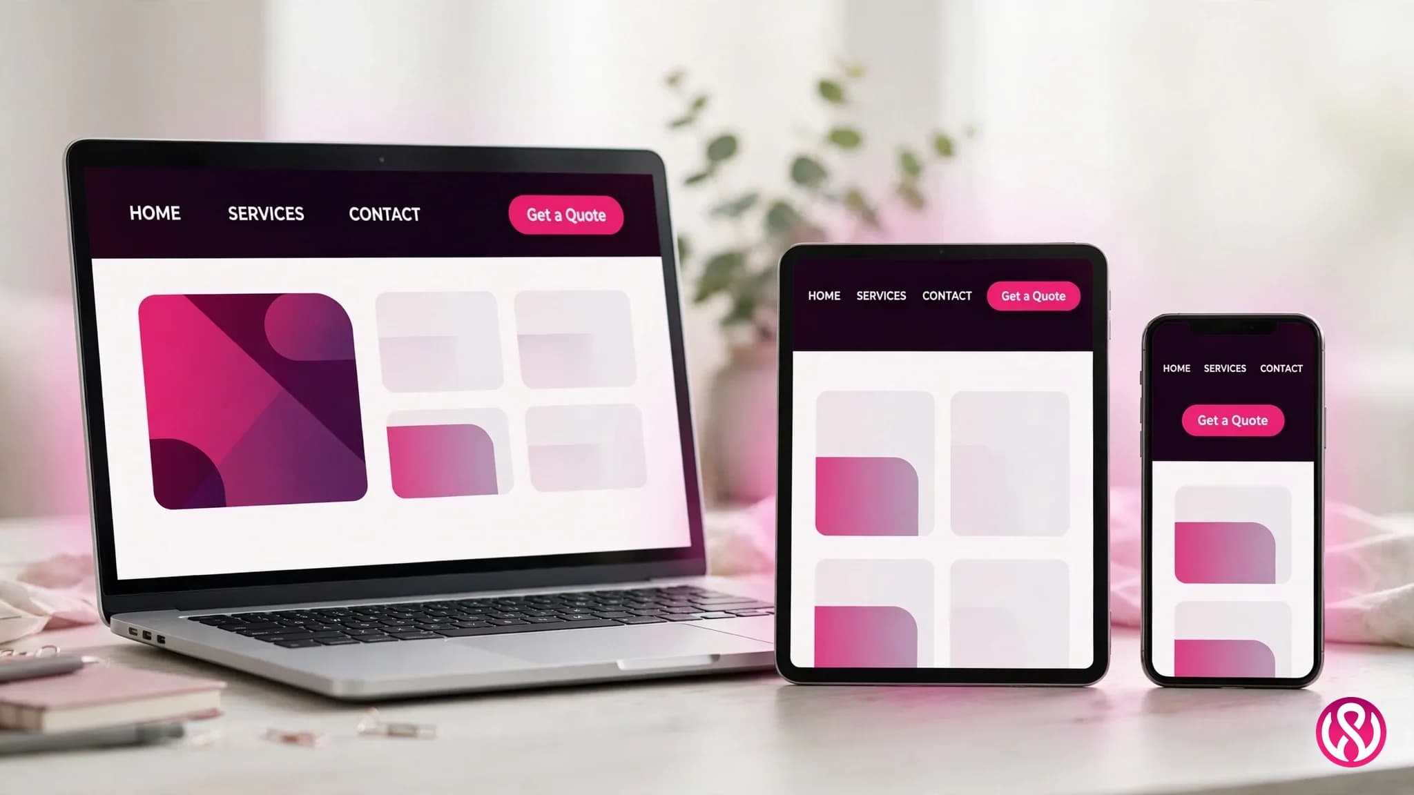 Responsive website design services: one business website flowing across a laptop, tablet and phone in adapted layouts