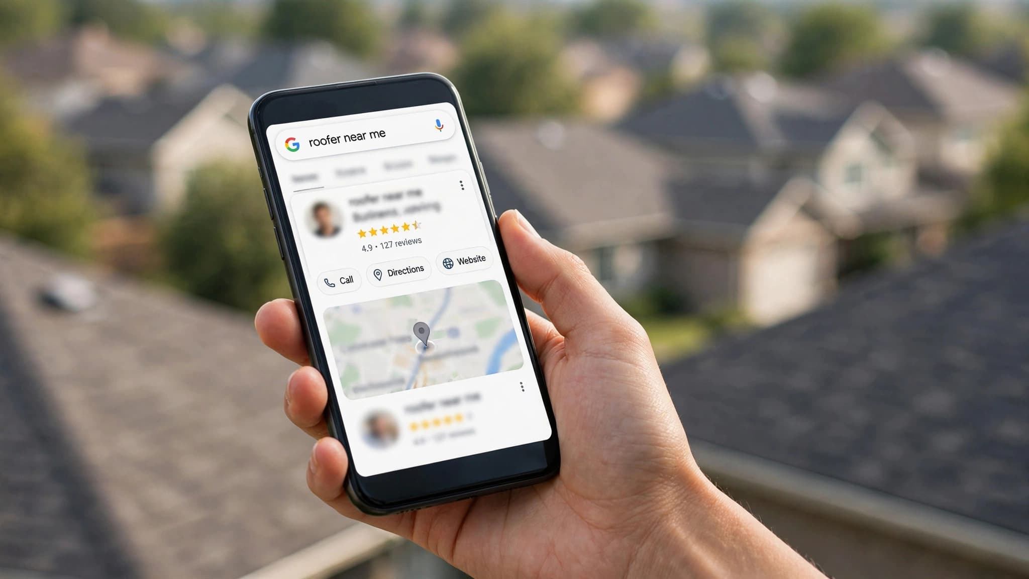 Google search results on a phone showing a roofer's business in the map pack