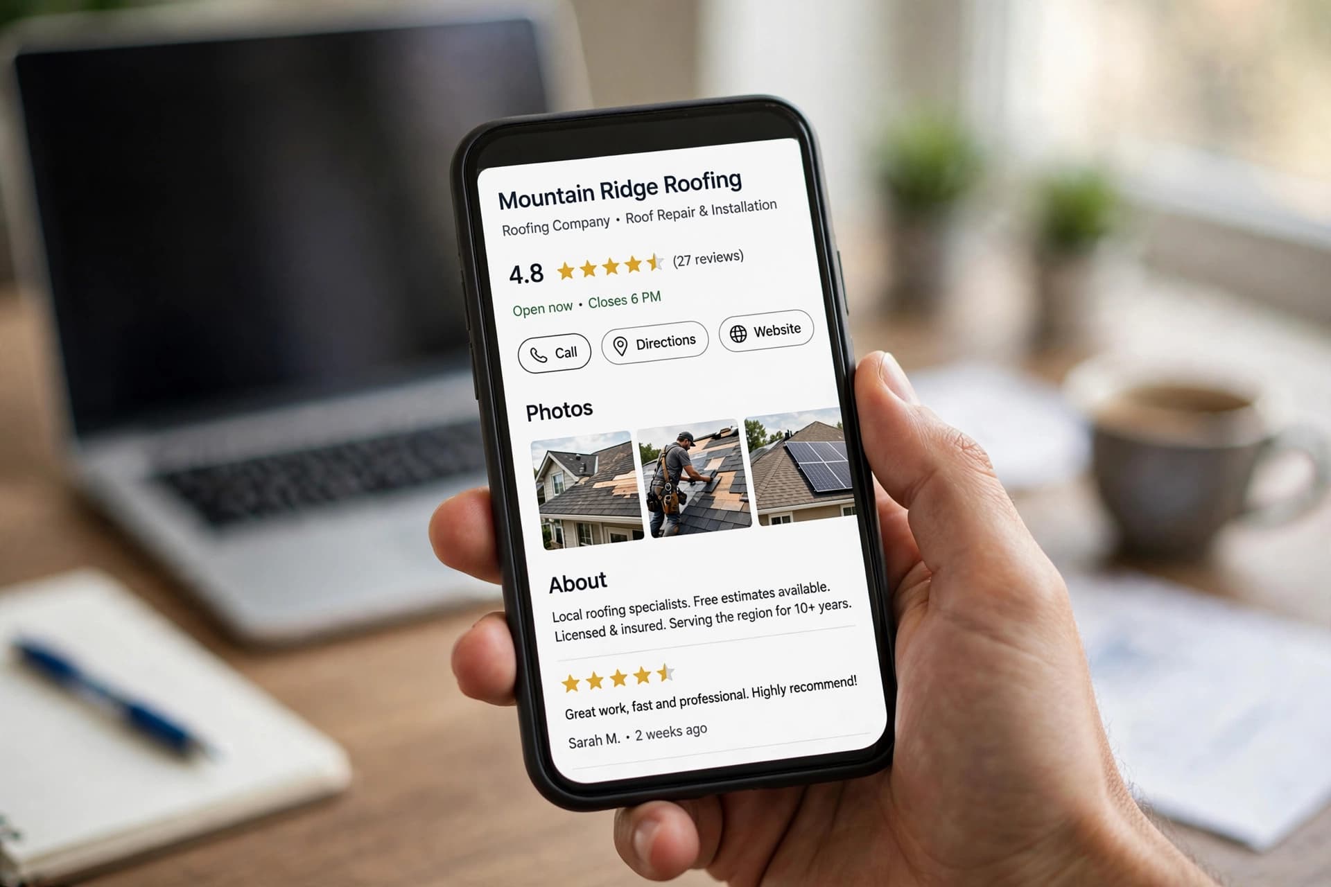 Smartphone showing a roofing company's Google Business Profile with reviews in the map pack
