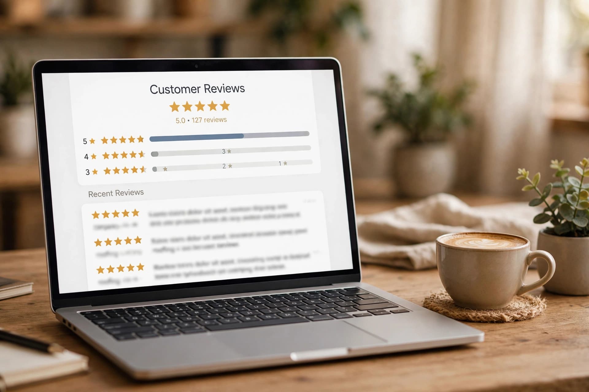 Five-star Google reviews for a roofing company displayed on a laptop screen