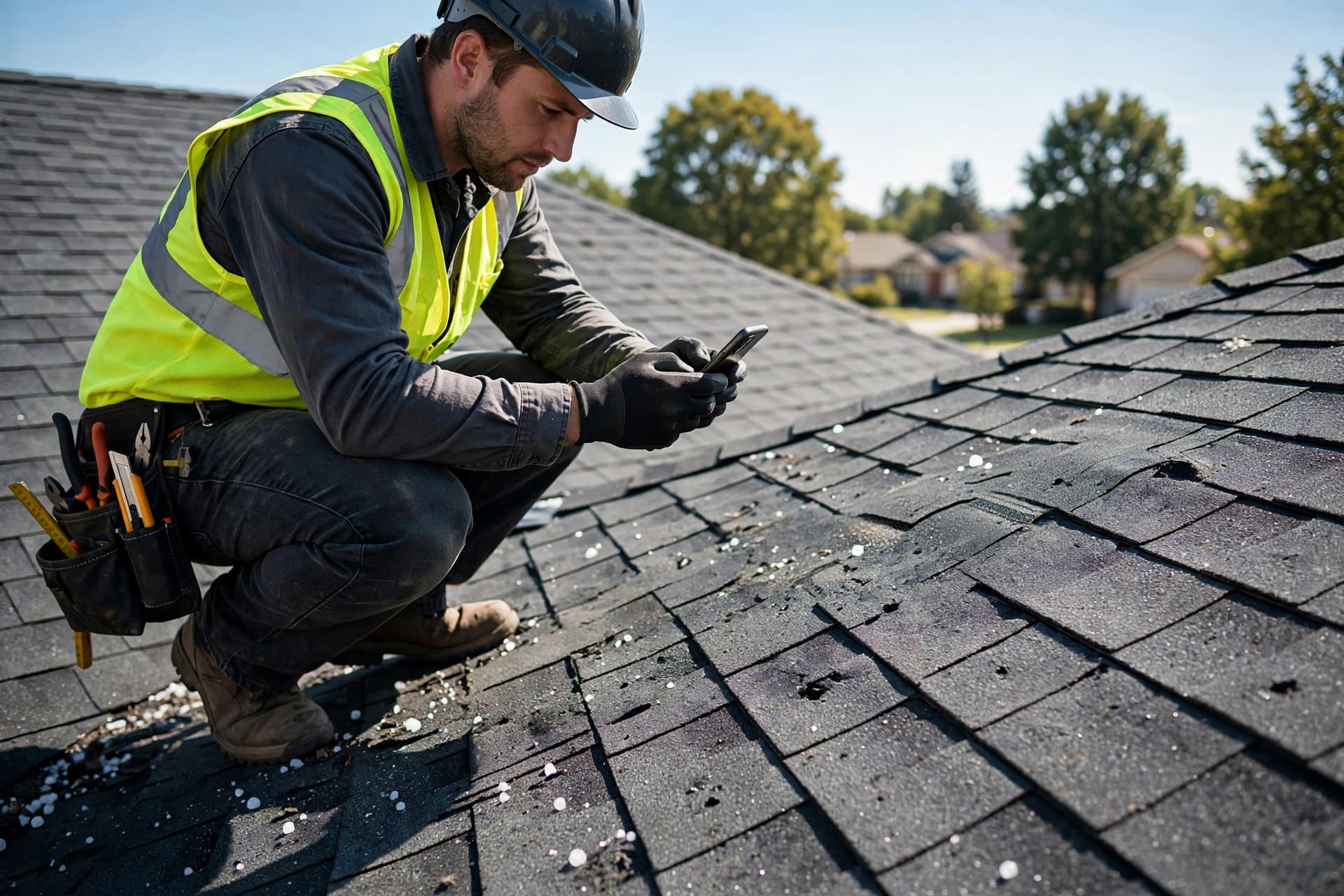 Roofer documenting hail damage on shingles for storm season SEO content