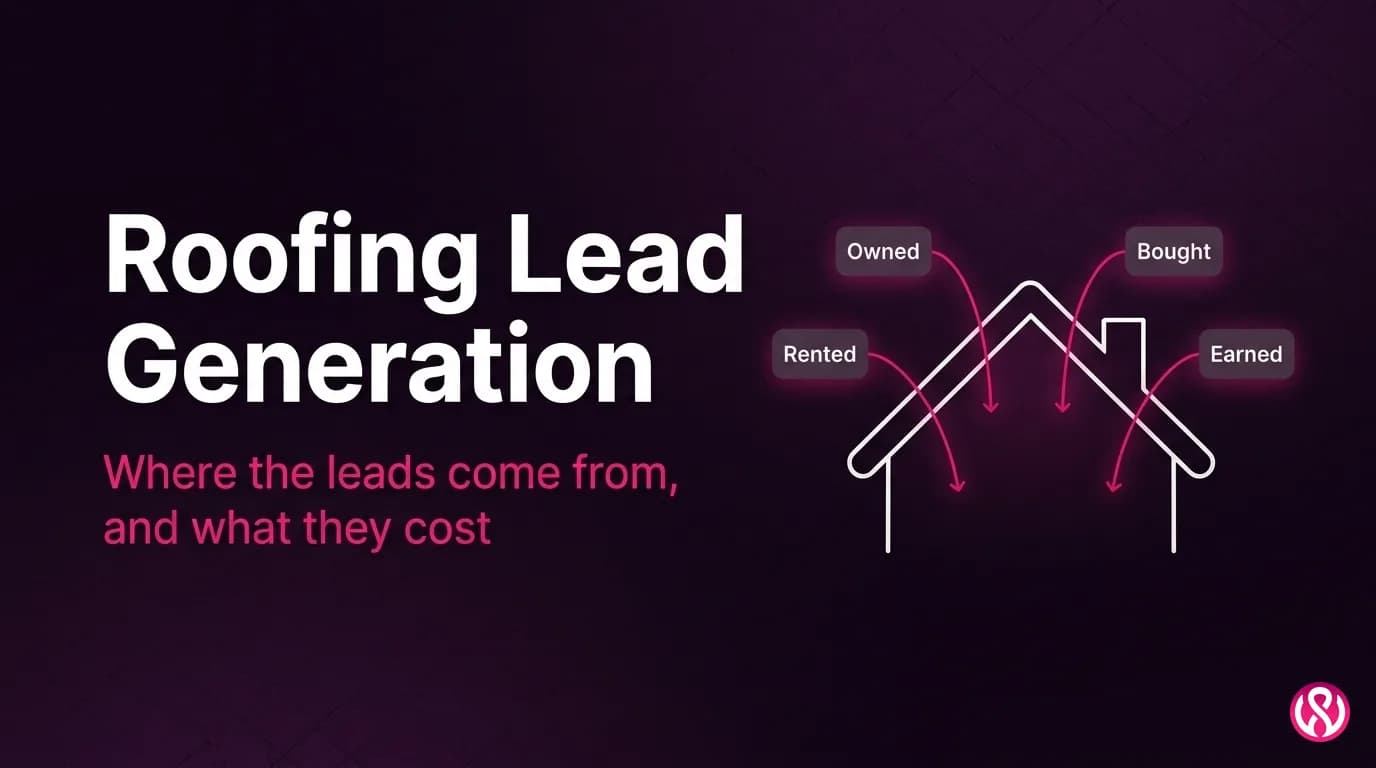 Roofing lead generation guide cover showing four lead sources feeding into one roofing website