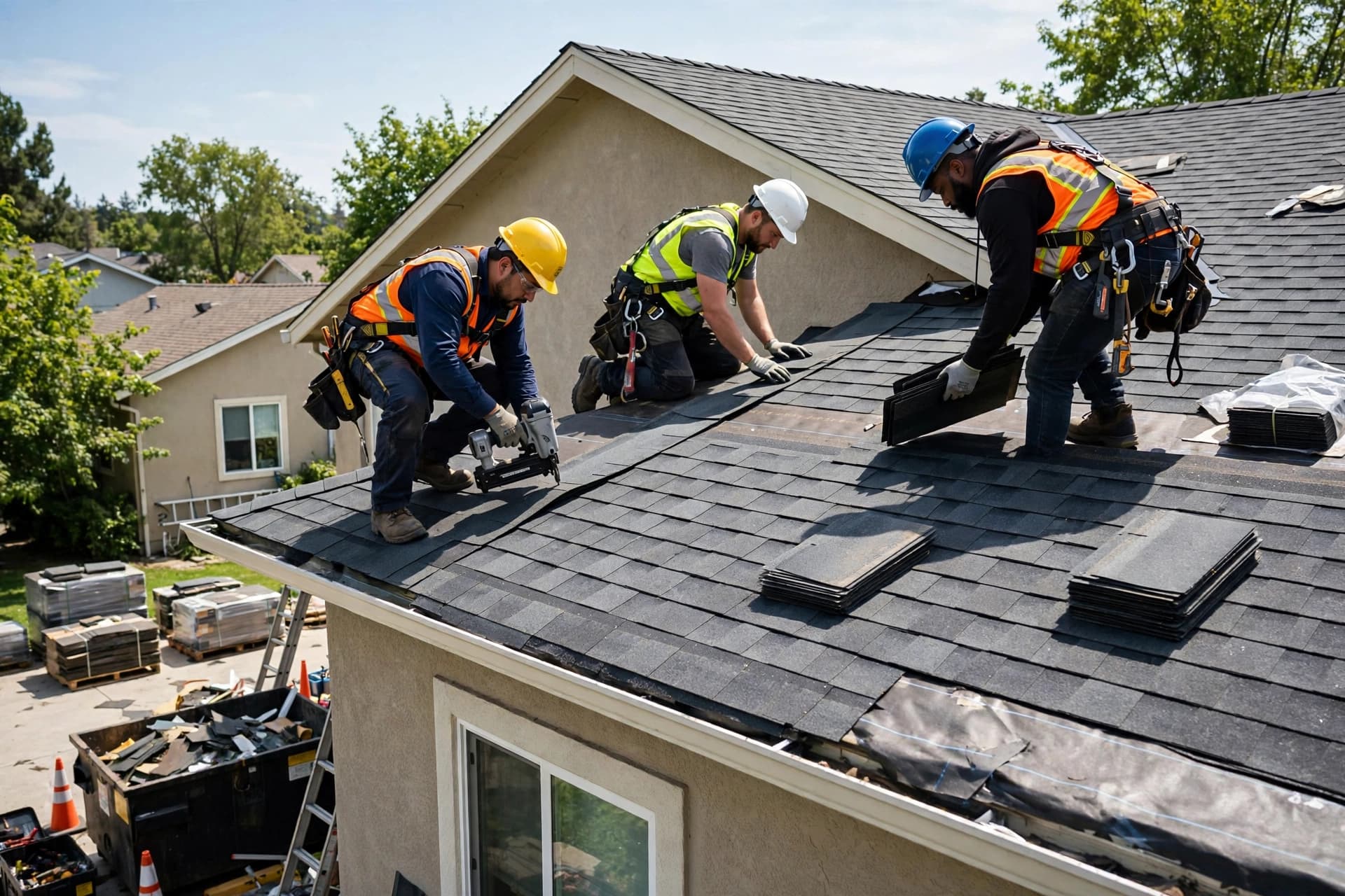 Professional roofing crew working on a residential roof replacement