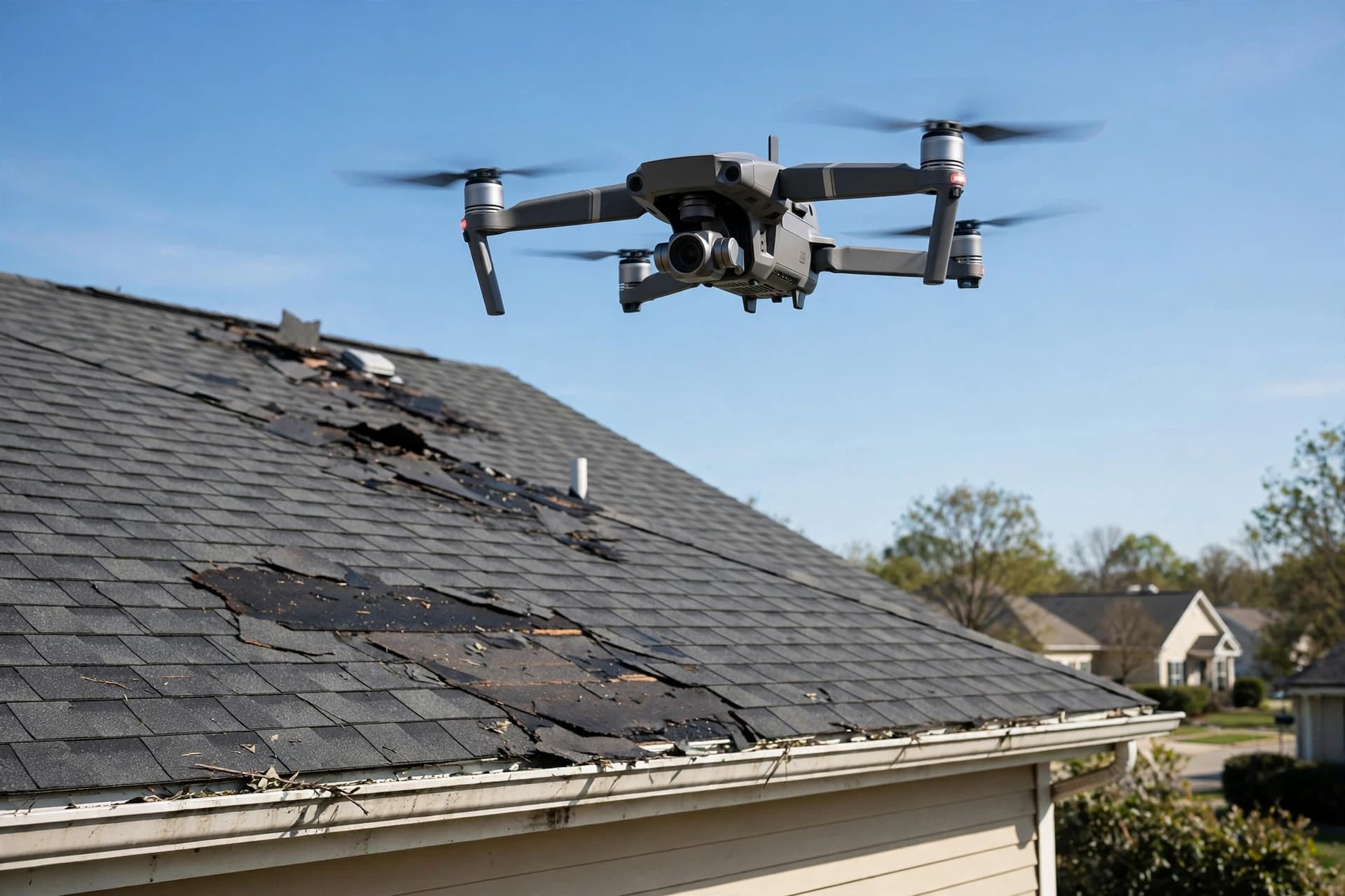 Drone inspecting a shingle roof for storm damage assessment