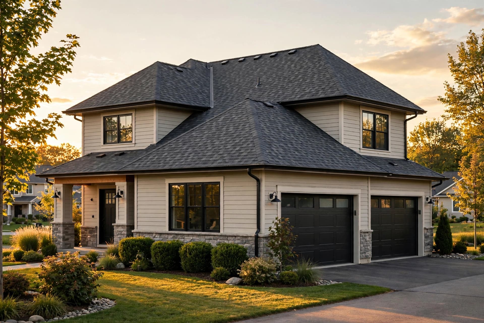 Completed architectural shingle roof on a beautiful suburban home at golden hour