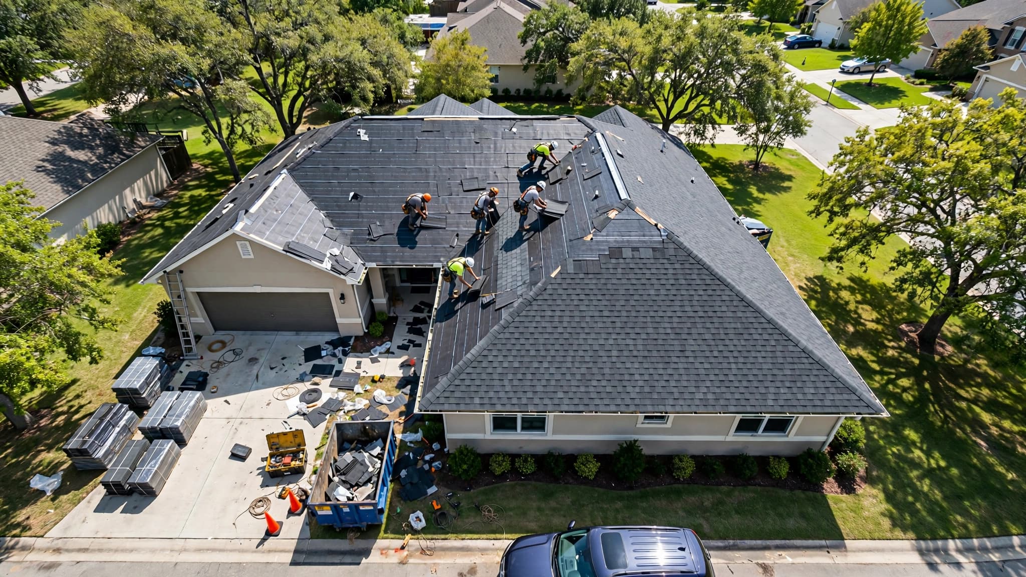 Roofing crew installing a new shingle roof on a suburban home, shot from above