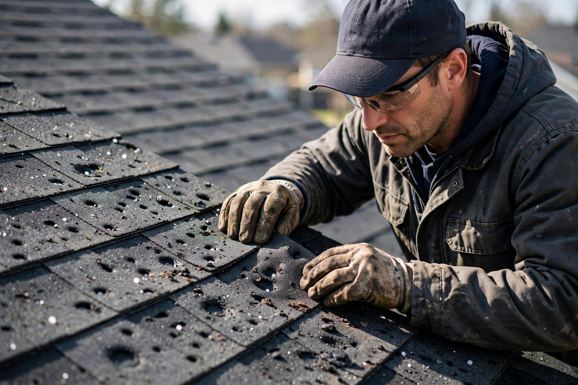 Roofer inspecting shingles up close on a residential roof during a free inspection