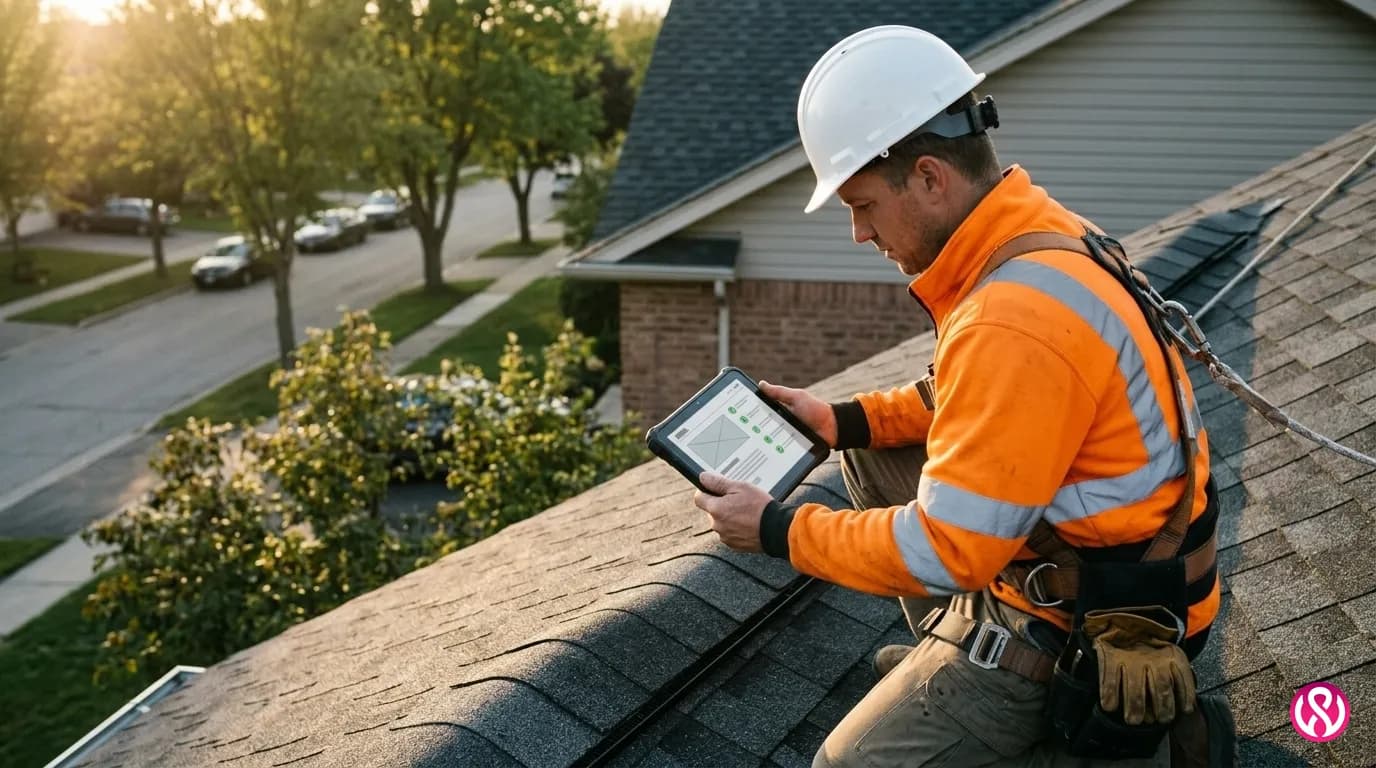 Roofing contractor on a finished roof reviewing a website audit checklist on a tablet