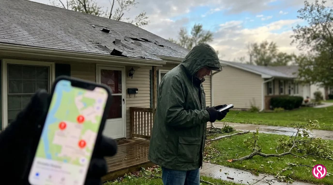 Homeowner on a porch searching for a roofer on a phone after a storm, with a damaged shingle roof behind