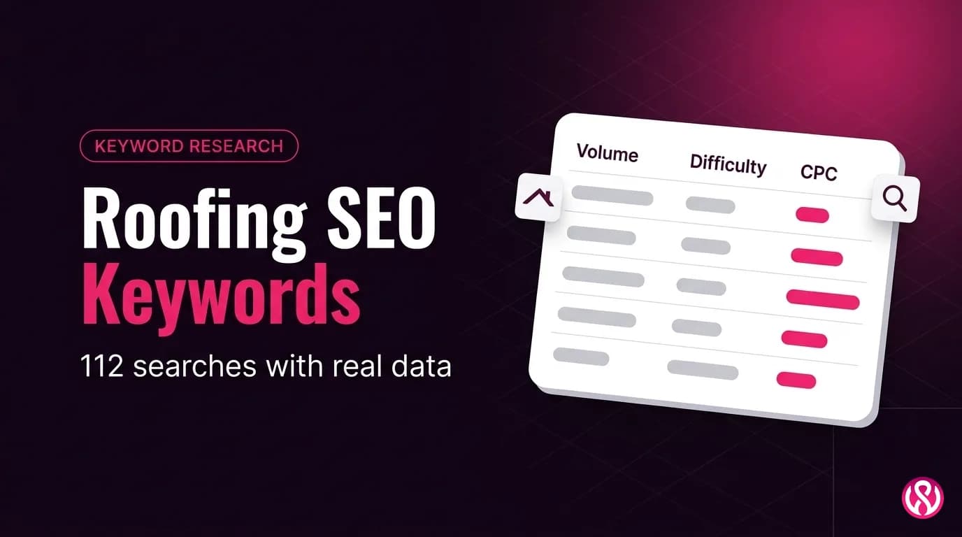 Roofing SEO Keywords cover with a data table of roofing searches showing volume, difficulty and cost per click
