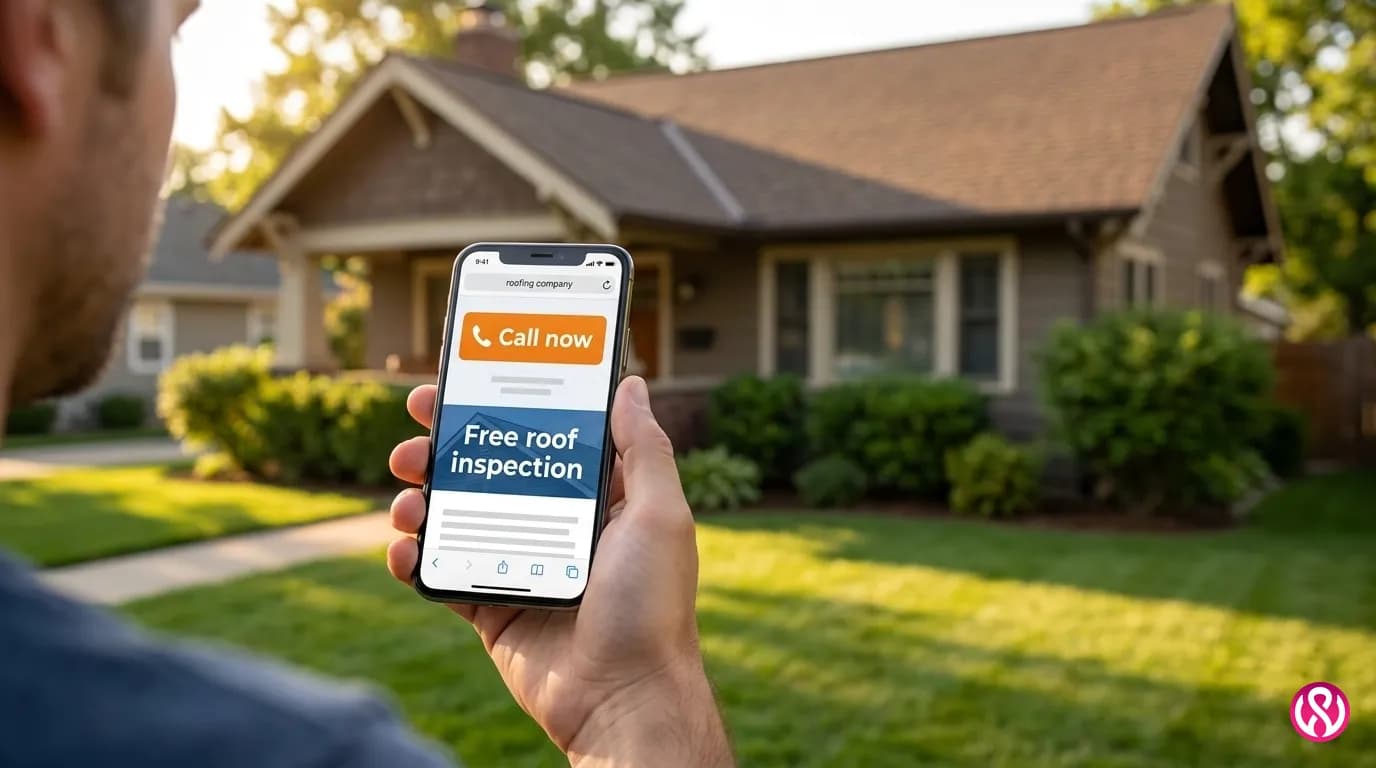 Roofing website on a phone with a tap-to-call free inspection button