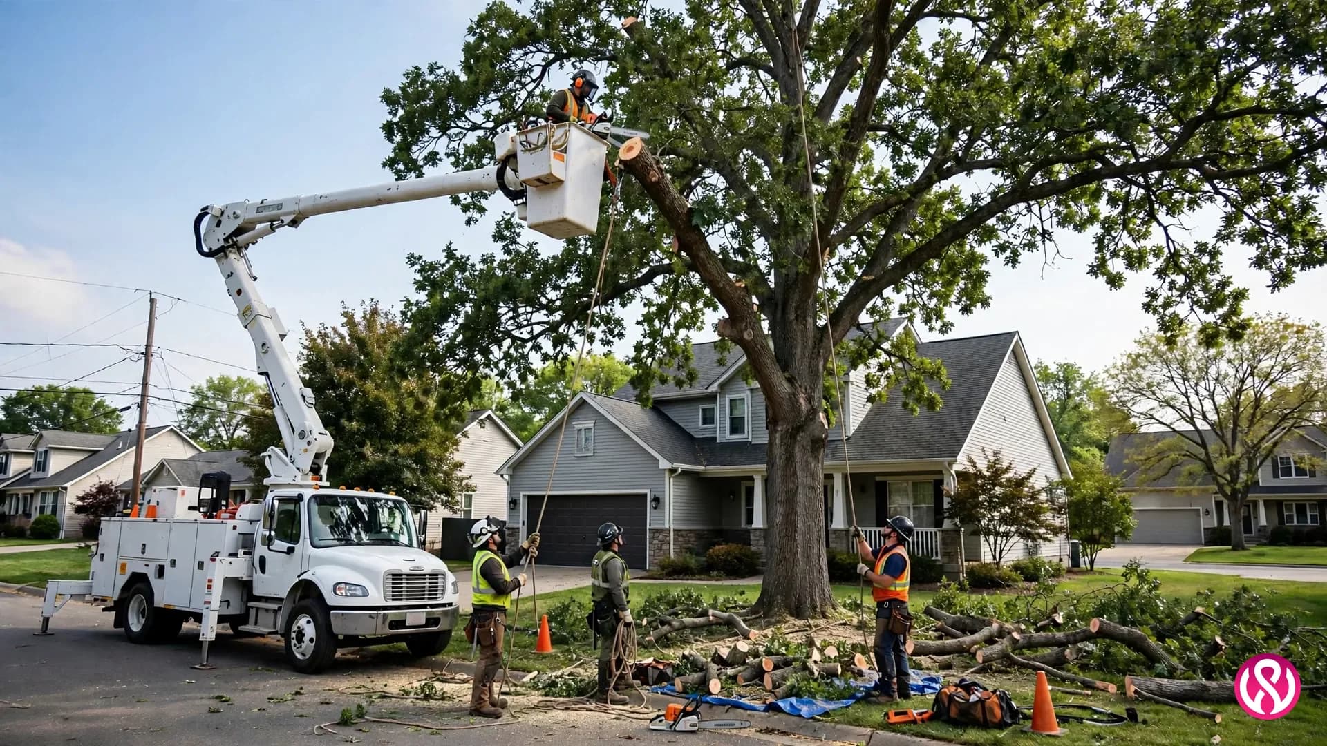 Tree service website design: an arborist crew removing a large tree with a bucket truck at a suburban home