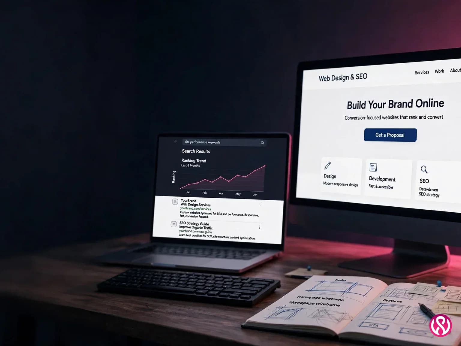 Designer desk with a website on screen and SEO ranking analytics on a laptop