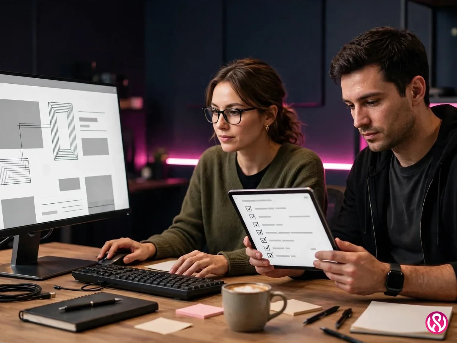 Web designer and developer working together on website design and SEO tasks