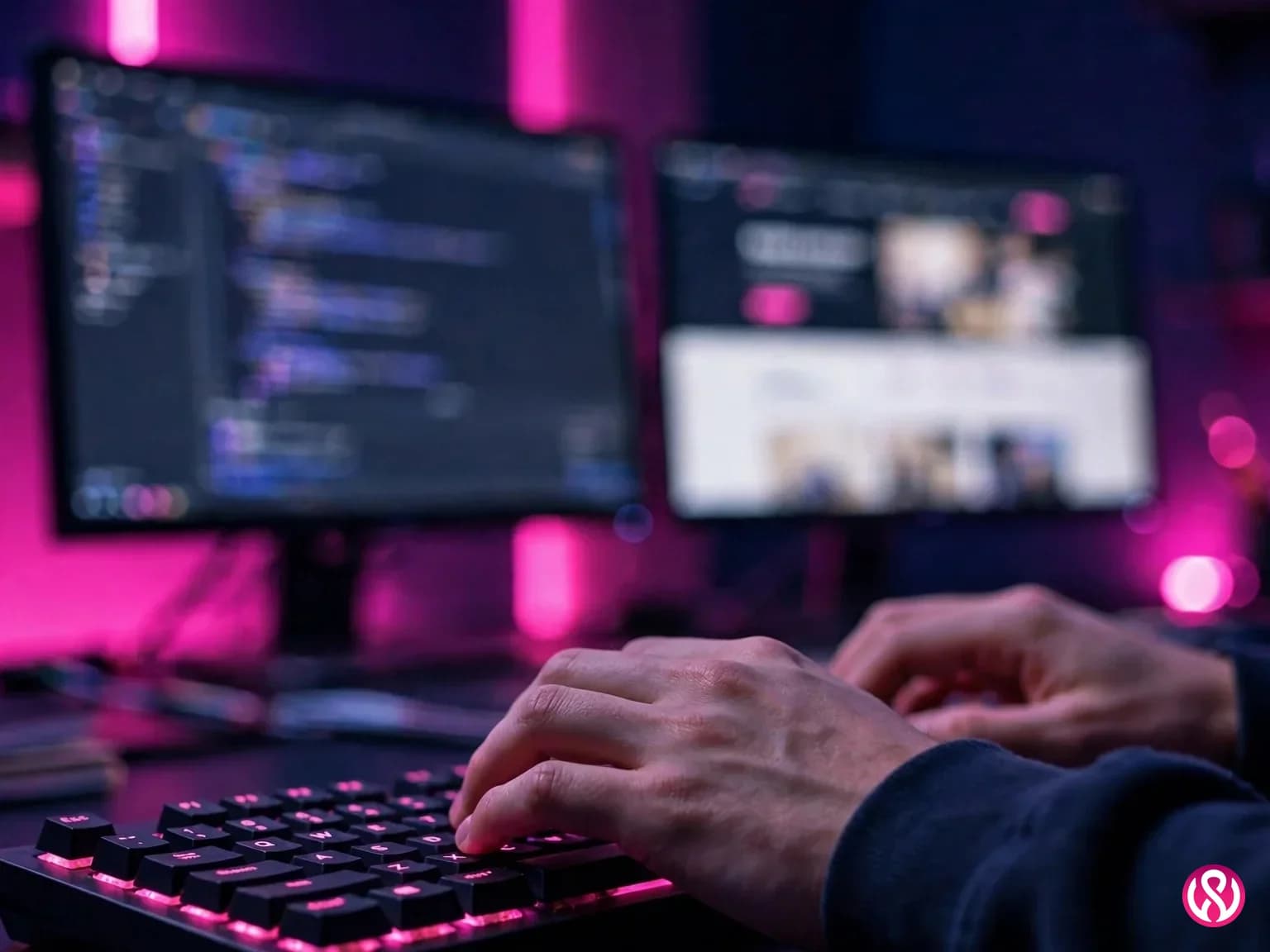 Developer typing code with website preview on dual monitors in a dark studio