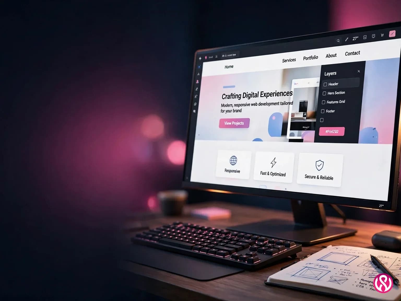 Developer workspace with a website being built on a large monitor in a modern studio