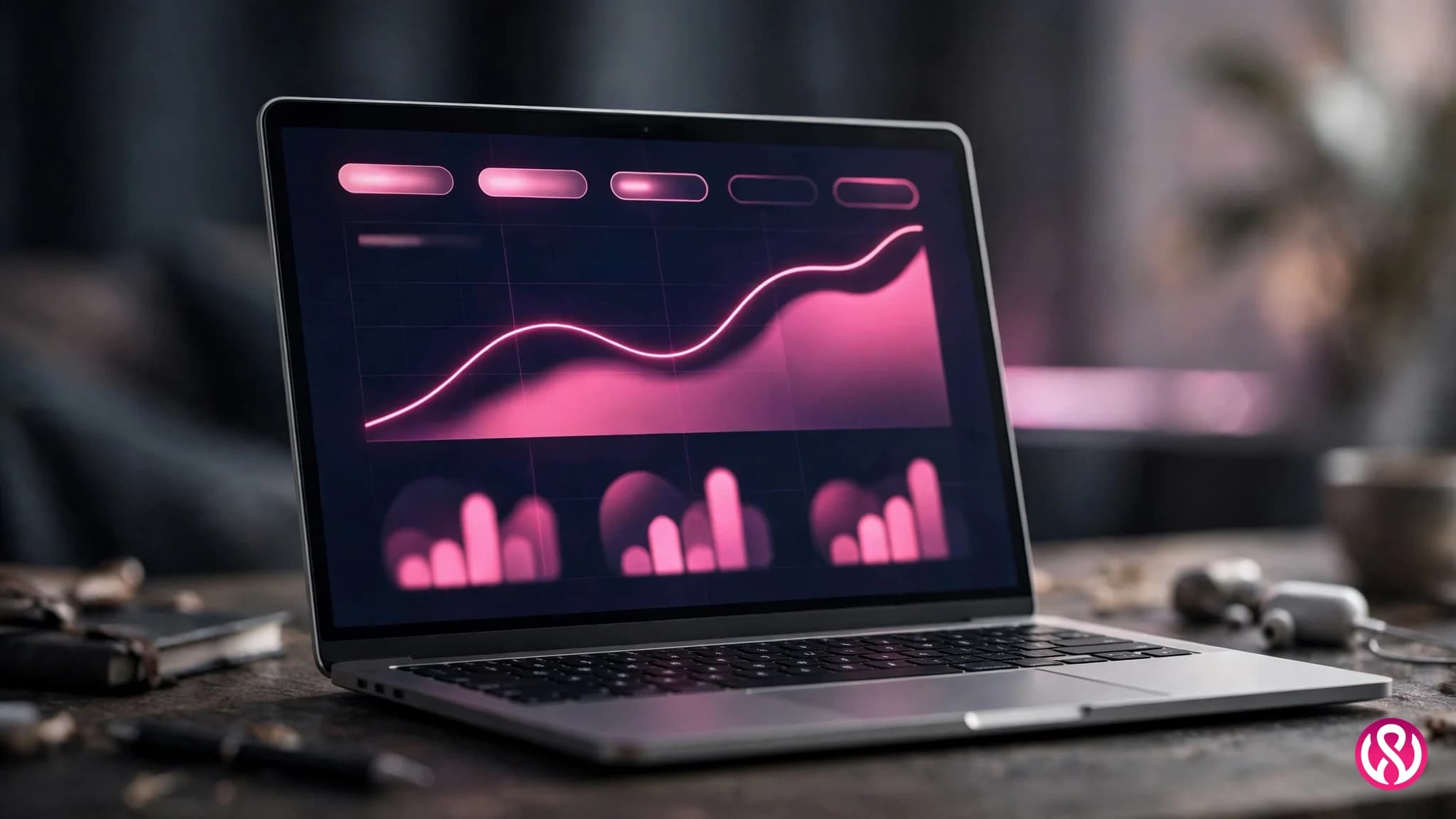 Laptop showing website analytics with a rising traffic trend line on a dark desk