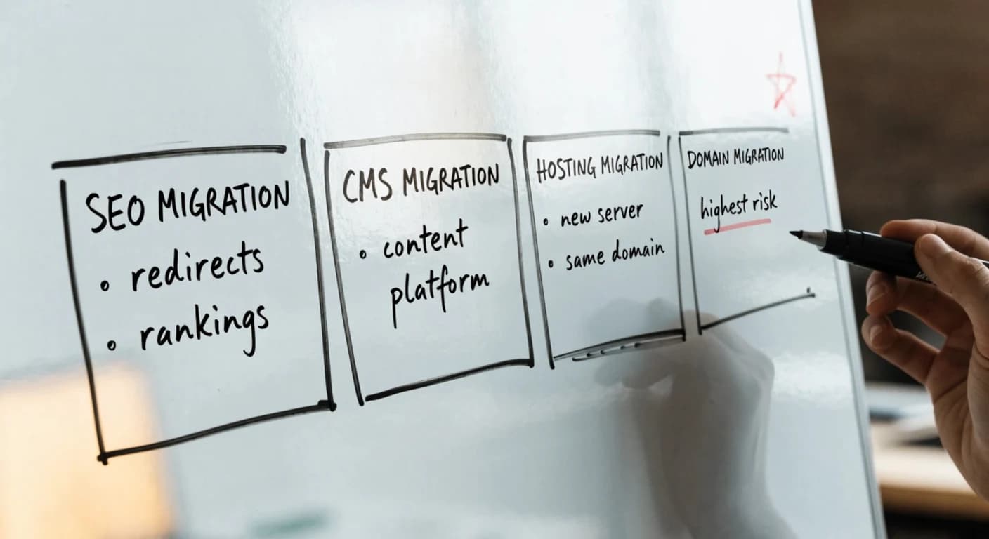 Four types of website migration services compared: SEO migration, CMS migration, web hosting migration, and domain migration