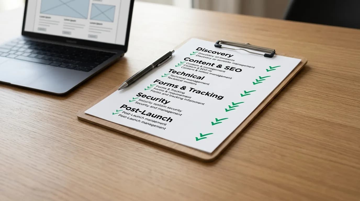 Website redesign checklist organized by phase from discovery to post-launch