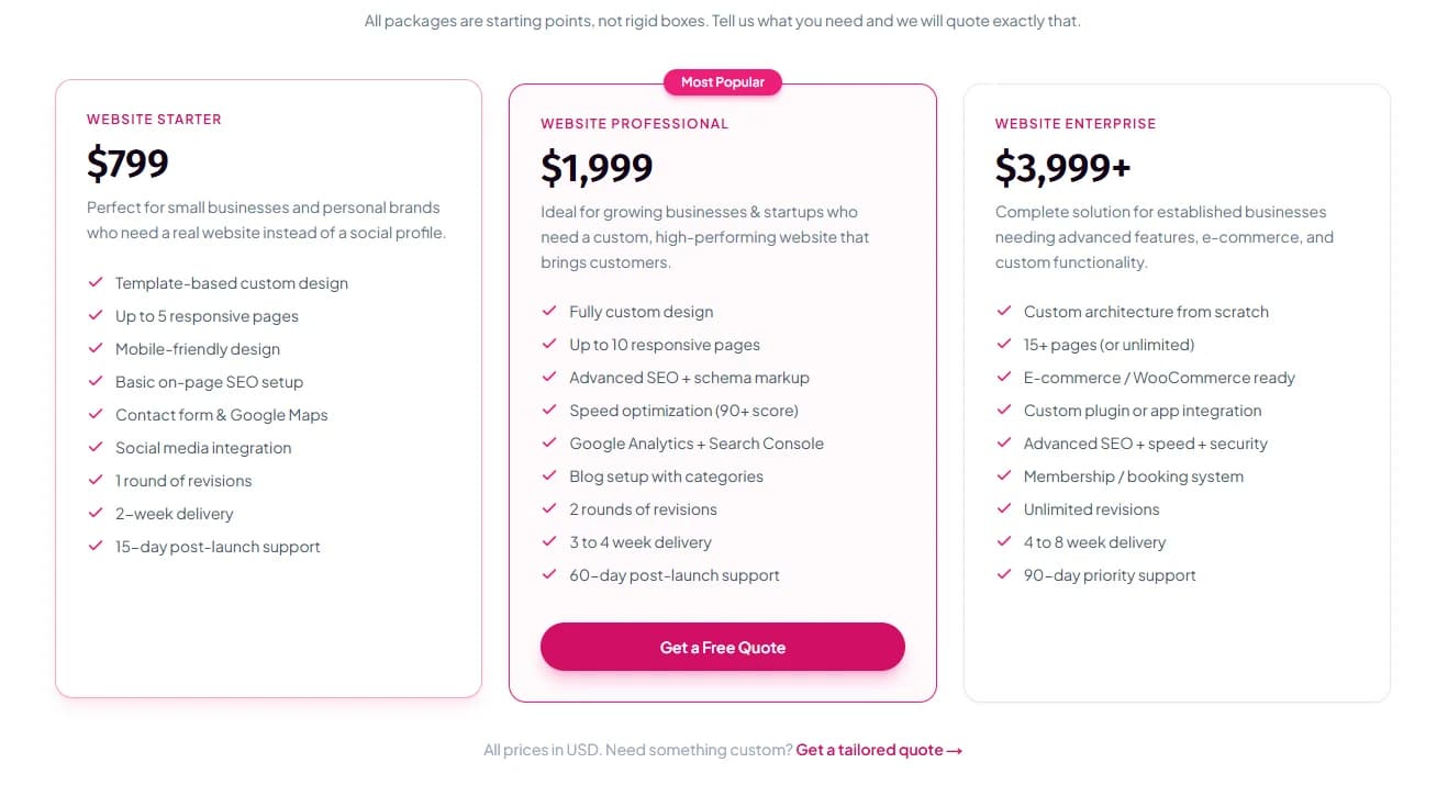 Screenshot of Websloop pricing page showing Starter $799, Professional $1,999, and Enterprise $3,999+ website redesign packages