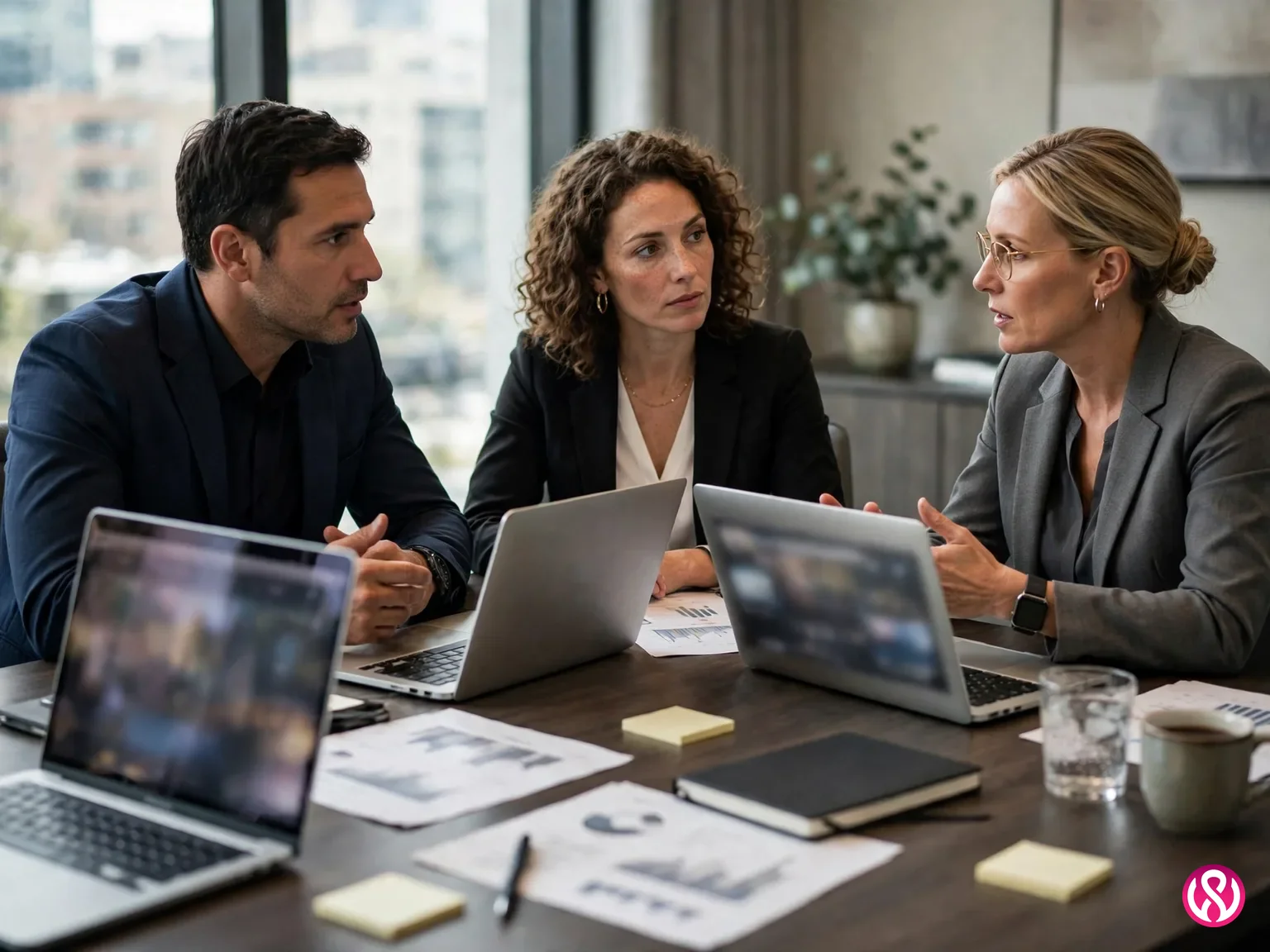 B2B website design: three business decision makers discussing a supplier website at a conference table