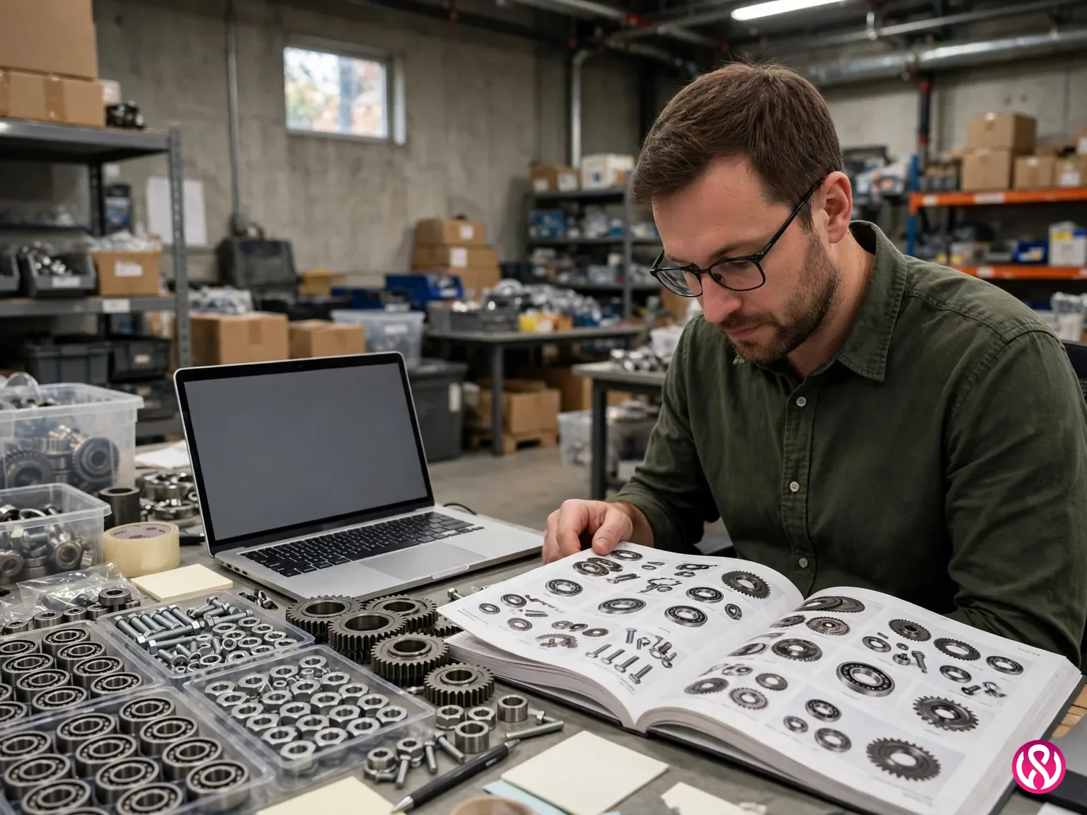 B2B catalog and quote flow: a buyer reviewing an industrial product catalog beside a laptop