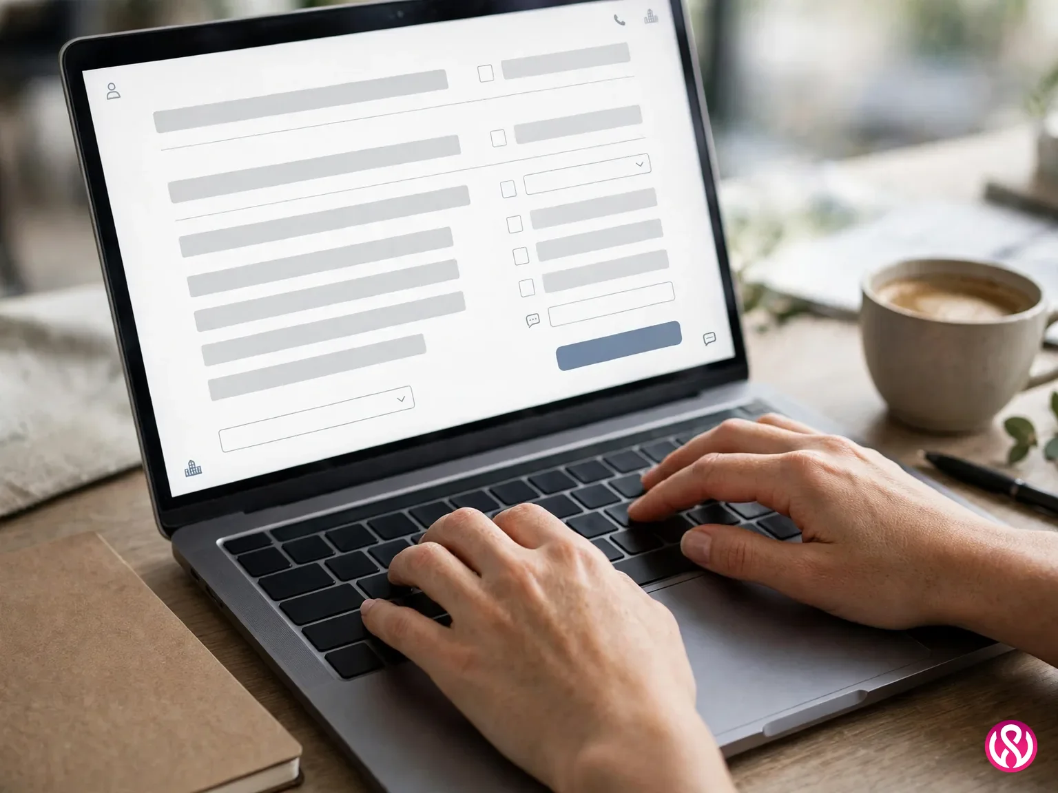 B2B lead generation website: hands typing on a laptop showing a business quote request form