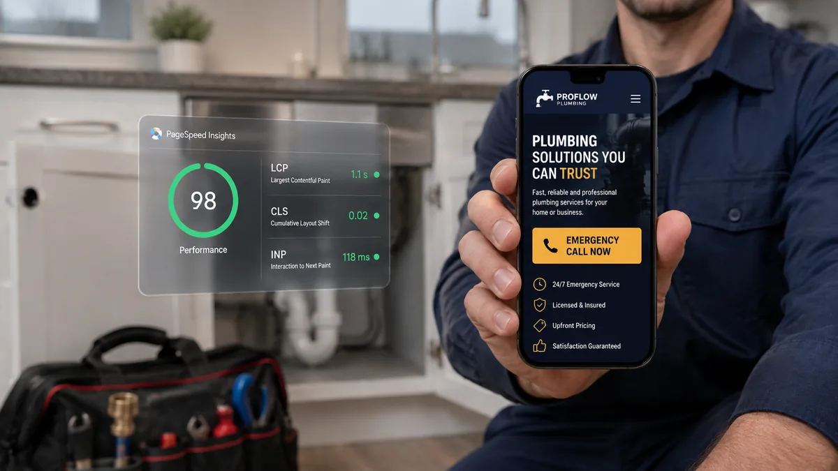 Plumber holding a phone showing a plumbing company website beside a PageSpeed Insights mobile performance report