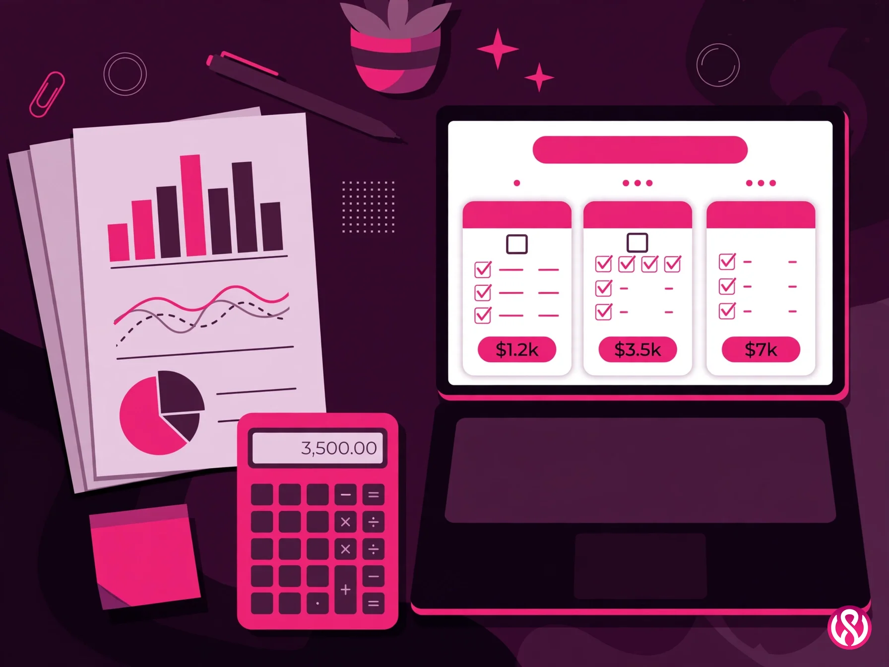 Website developer cost comparison: calculator, quote documents and laptop with pricing breakdown